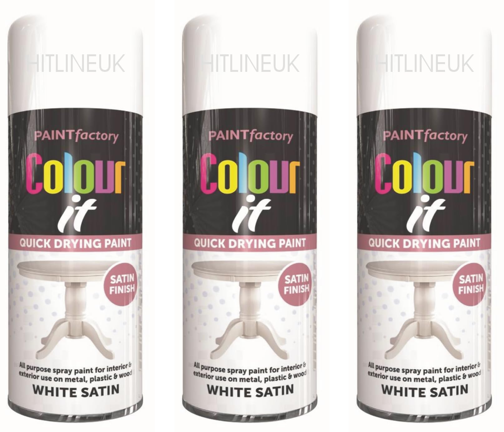 HitlineUK 3 X 400ML WHITE SPRAY PAINT FOR SATIN METAL PLASTIC AND WOOD QUICK DRYING INTERIOR EXTERIOR PAINT