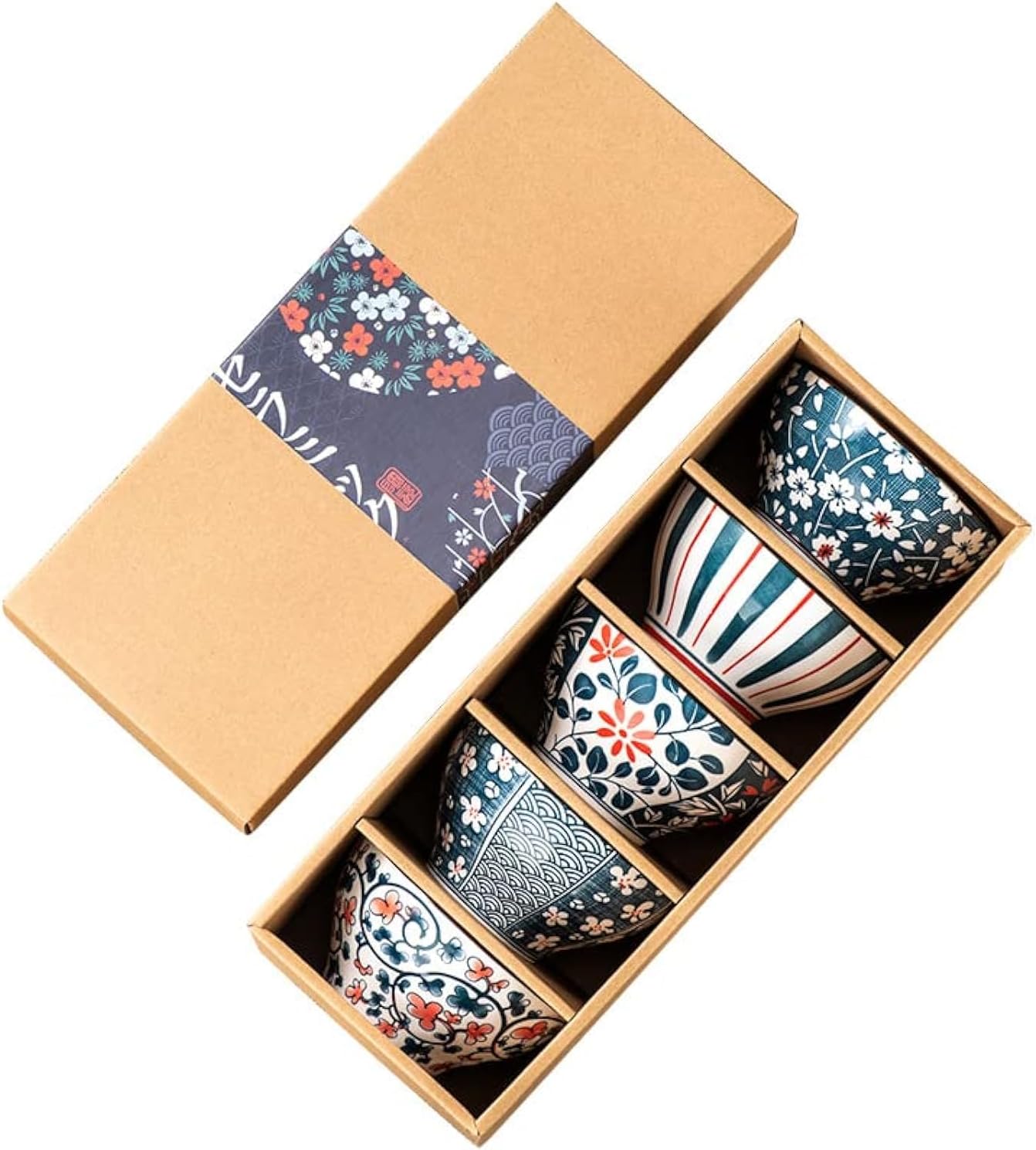5 Pcs Ceramic Rice Bowls, Japanese Style Serving Bowls, Assorted Dinnerware Bowls Set for Cereal, Soup, Dessert, Snack, Fruit, Salad