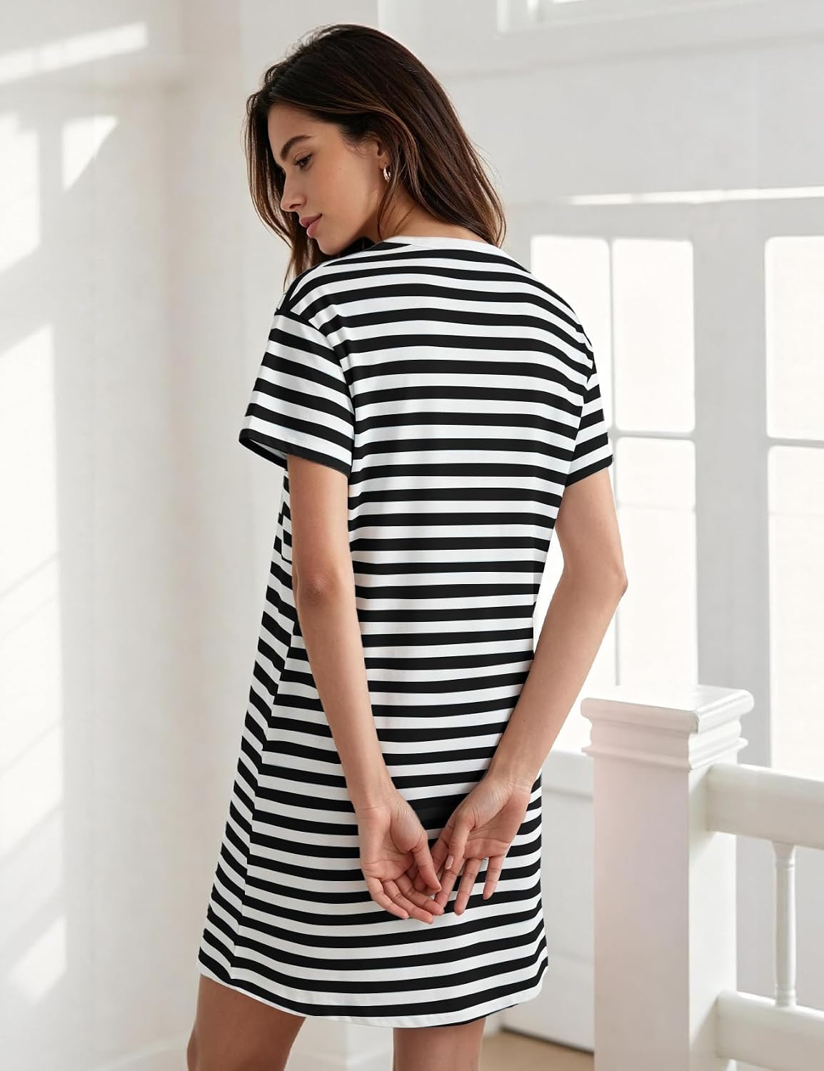 Flygo Womens Summer T Shirt Dress Cotton Striped Short Sleeve Crewneck Mini Dresses Casual Shift Short Dress with Pockets