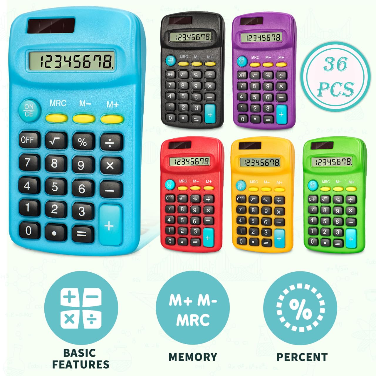 Taschenrechner, Taschenformat, Mini mit 8-stelligem Display, Solar-/Batterie-Dual-Power, Großpackung für Studenten, Klassenzimmer, Junior High, Schule, Zuhause und Büro, 6 Farben, 36 Stück