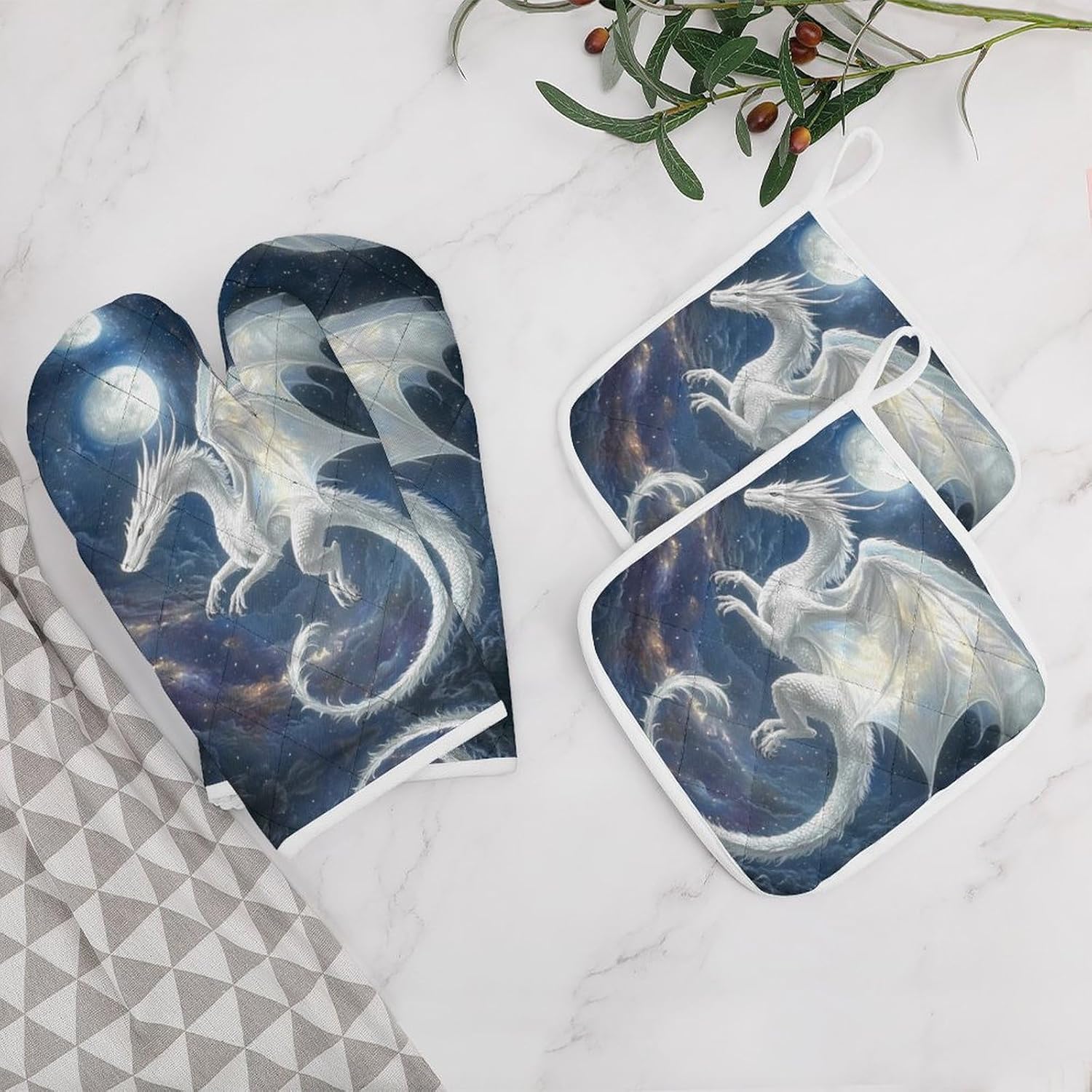White Dragon Soaring Moon Moonlight Oven Mitts and Pot Holders 4Pcs Set Heat Resistant Cooking Mitts Hot Pads