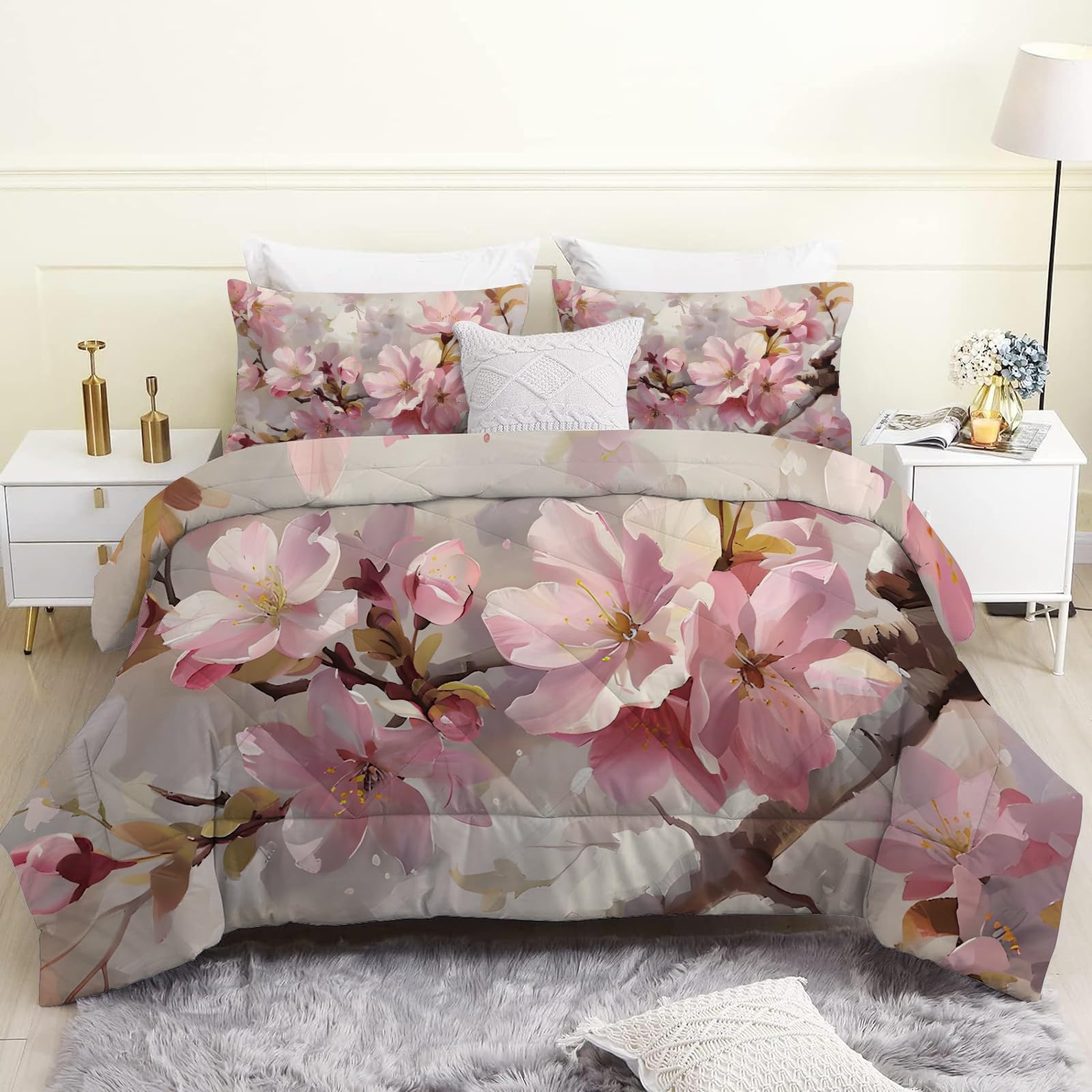 Piumino Letto Matrimoniale 4 Stagioni 220x240 cm, Fiori Rosa Reversibile Piumone Leggero 240x220 cm, Piante Primaverili Coperta Trapunta in Microfibra con 2 Federe, Lavabile in Lavatric