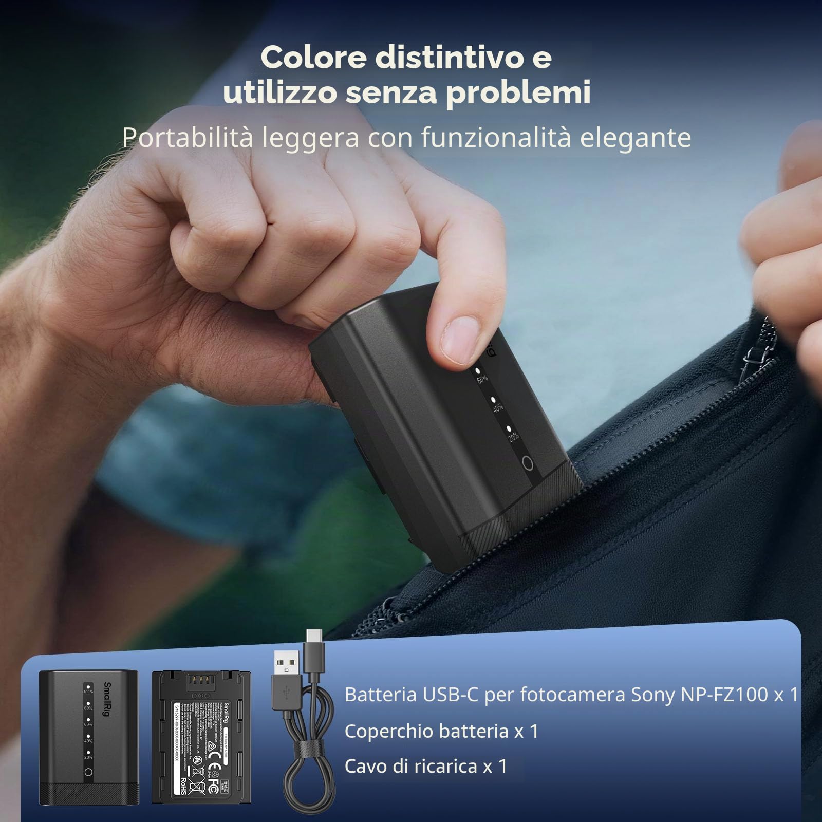 SMALLRIG Batteria per fotocamera Sony NP-FZ100 da 2520 mAh USB-C con indicatore LED, ricarica rapida 2,5 ore, completamente decodificata per Sony Alpha A7V A7III A7IV A6700 A6600 FX3 FX30 A9 A7CII