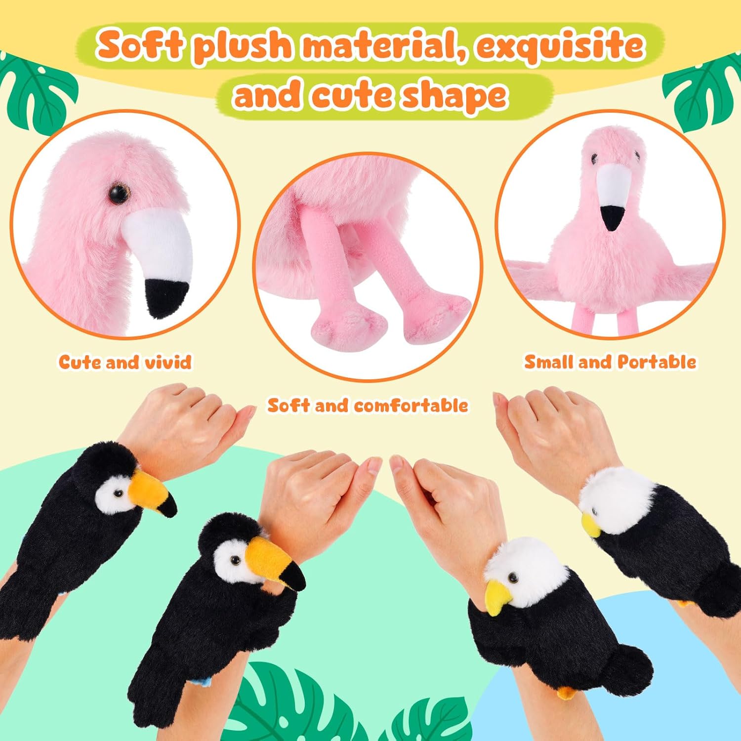 6 Pcs Bird Stuffed Animal Slap Bracelets Cute Parrot Eagle Flamingo Owl Plush Animal Wrist Snap Bracelets for Kids Birthday Boys Girls Gift