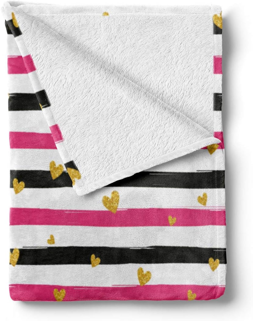 Lunarable Valentines Day Throw Blanket, Romantic Teenager Love Sign Hearts on Grunge Stripes Lines, Flannel Fleece Accent Piece Soft Couch Cover for Adults, 50" x 60", Hot Pink Black and White