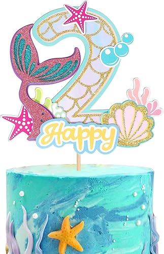 1 paquete de decoración de pastel de sirena para 2 cumpleaños, feliz cumpleaños, océano, criatura del mar, decoración de pastel de sirena para