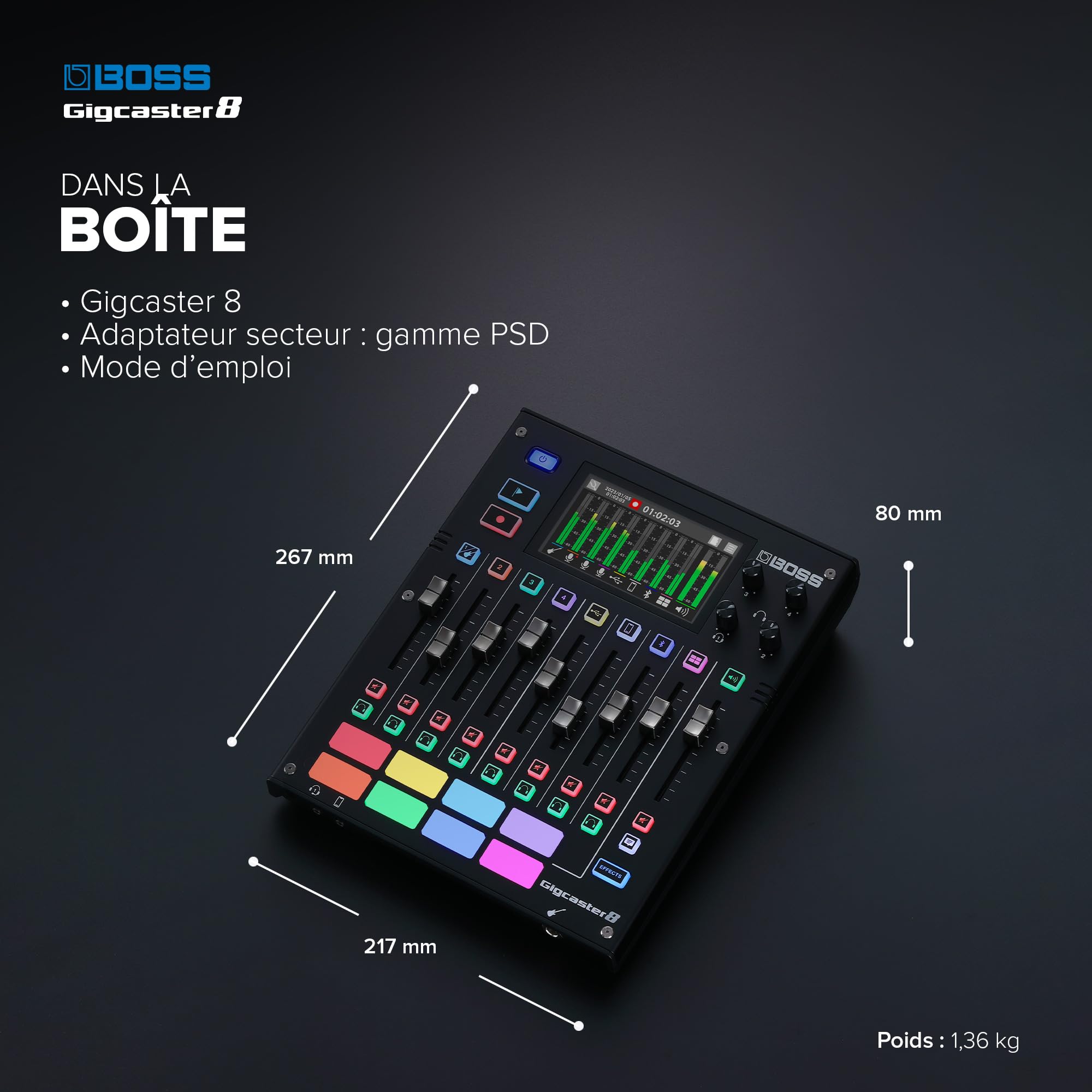 BOSS Gigcaster 8 | Table de mixage 8 pistes pour streaming avec entrée directe guitare/basse | 4 entrées combo XLR/jack | Micro stéréo intégré | 8 pads SFX | Interface audio USB 20x14