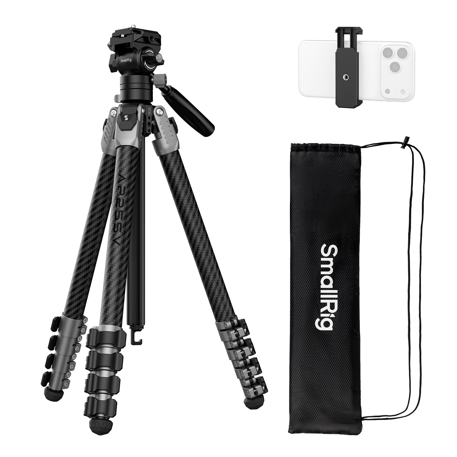 SMALLRIG 160 cm Trépied de Voyage Portable pour iPhone et Appareil Photo, Trépied Vidéo en Fibre de Carbone, Format Compact (52 cm), 3 kg Charge, Tête Fluide pour la Photographie en Extérieur - 5477