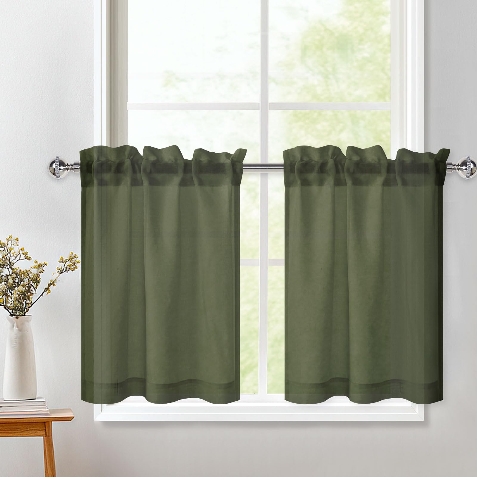 DWCN Green Net Kitchen Curtains 24 Inch Drop, Rod Pocket Cafe Curtains, Voile Light Filtering Short Curtain Tier 2 Panels for Bathroom Cupboard Base Half Window Christmas, W26xL24 Inch