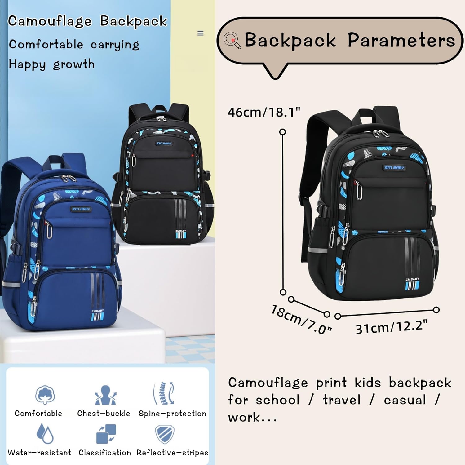 Camo Boys Backpack for School Kids, Camouflage School Bags Kids Backpack for Boys Bookbag, B-Camo-Dark blue - Image 3