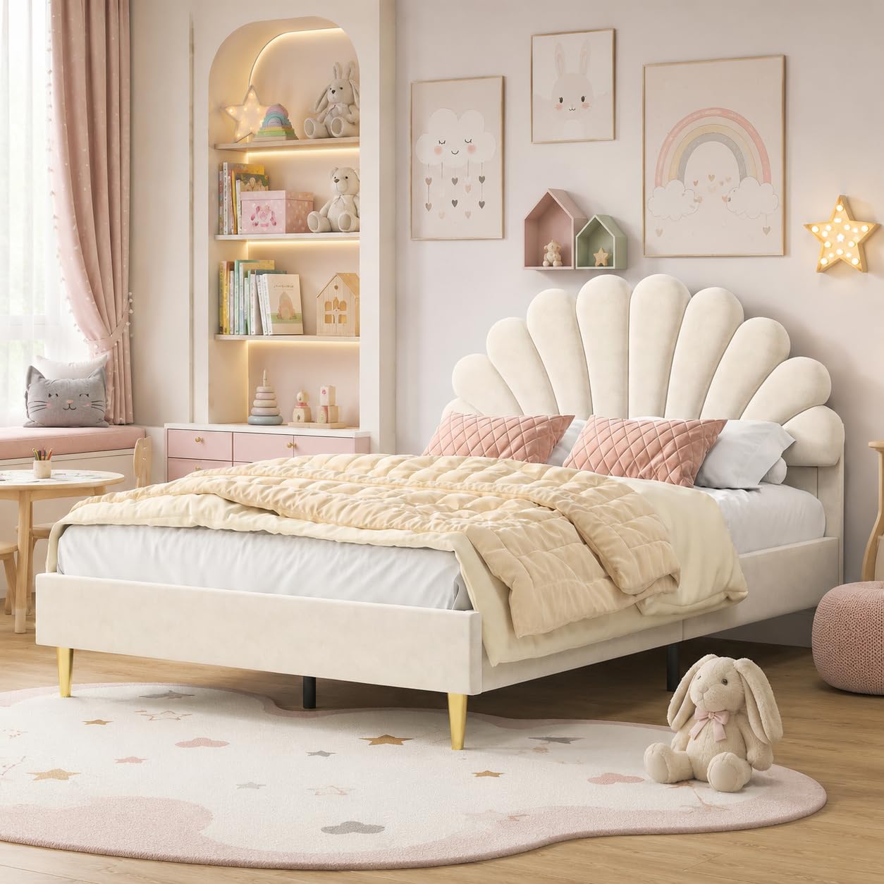 Polsterbett Kinderbett 140x200 cm, Doppelbett mit Lattenrost und Verstellbares Kopfteil in Blumenform, Mädchen Bett aus Holz, Samtstoff, Bett für Schlafzimmer, Ohne Matratze, Beige