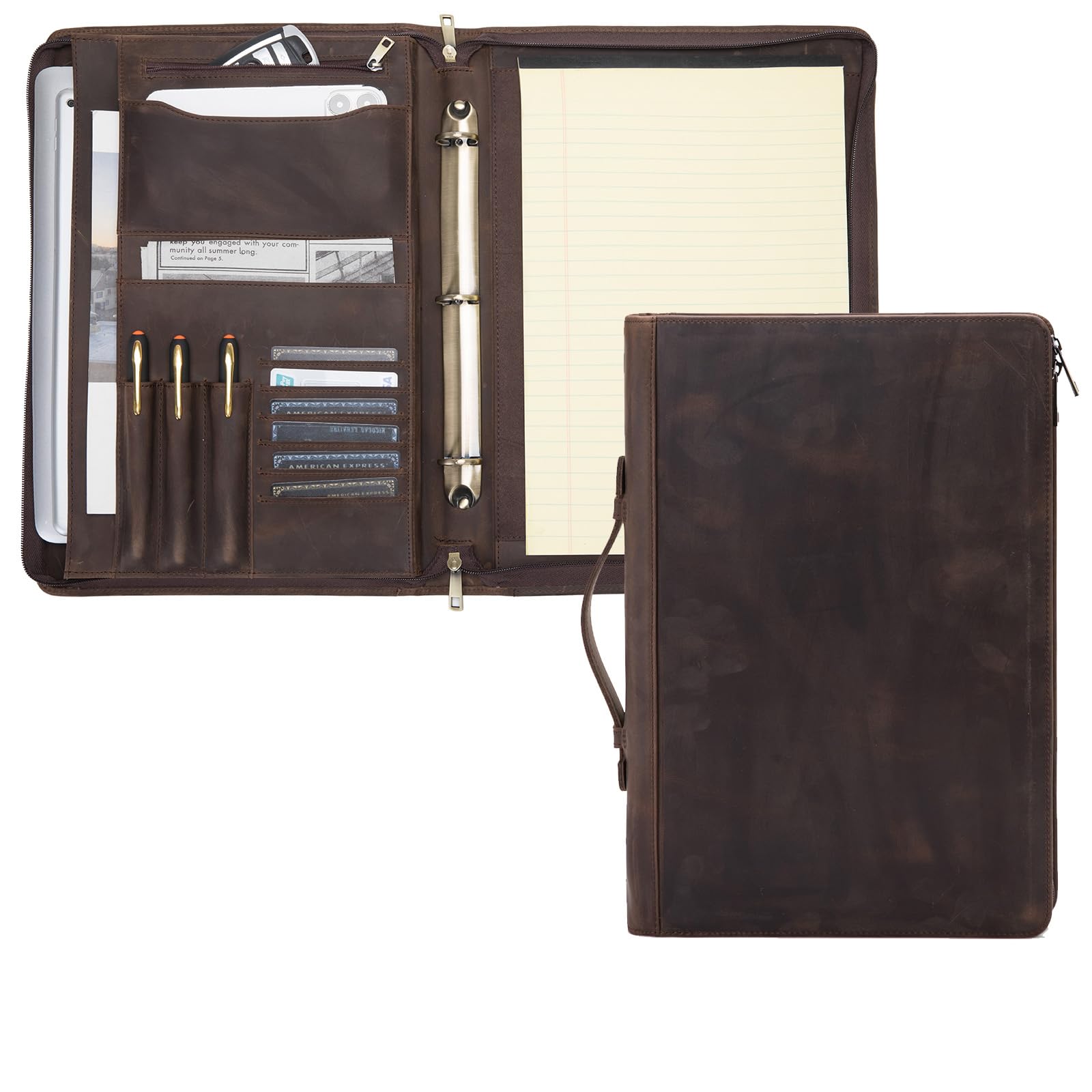 Geslun Genuine Leather 3 Ring Binder Portfolio, 8.5 x 14 Legal Size Pad Holder, Hidden Handle, Zippered Padfolio with 15” Laptop Organizer,