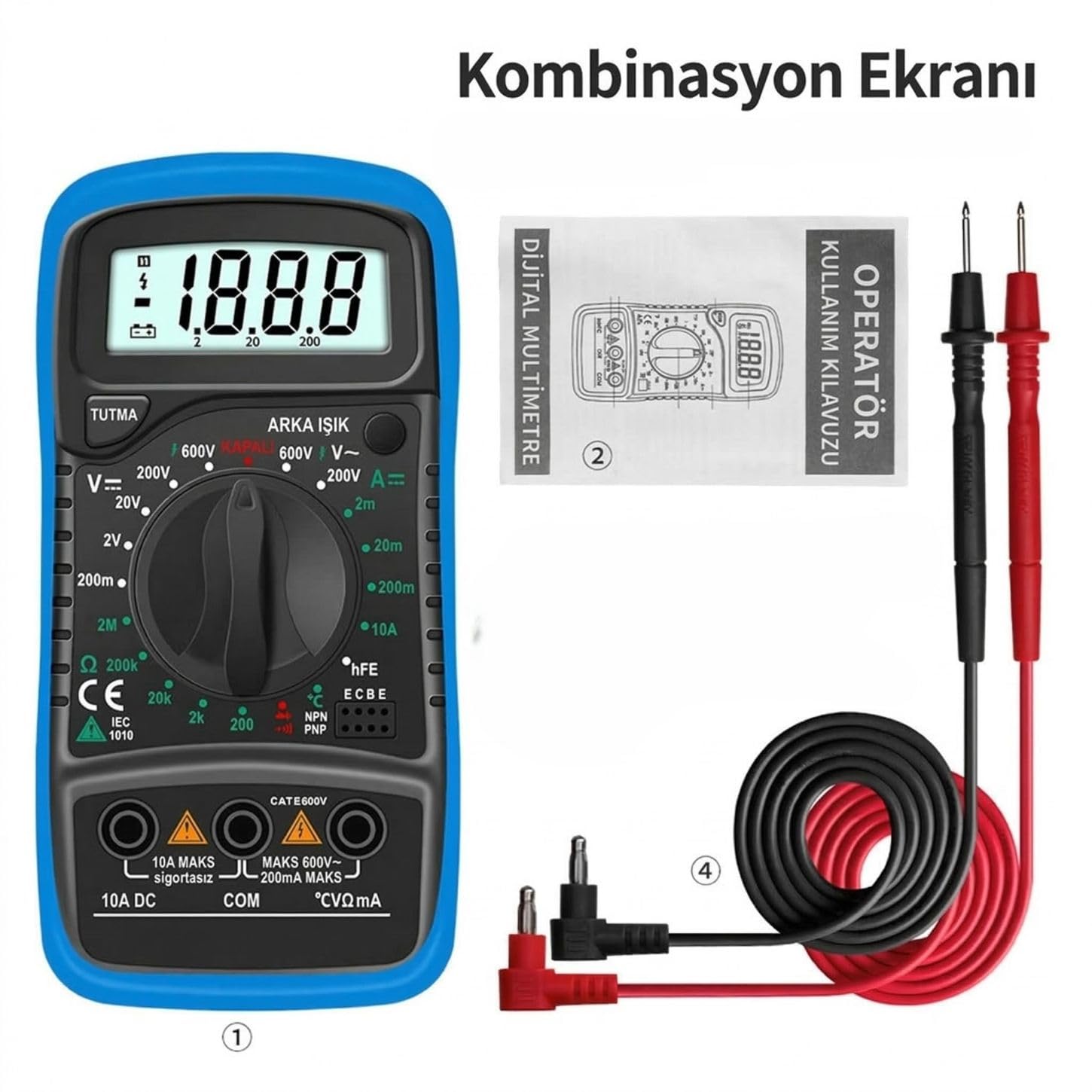 Orret Home LED Ekranlı Dijital Multimetre Ölçü Aleti, Işıklı Ekranlı Elektrik Akım Ölçer, Silikon Kılıflı Açılabilir Ayaklı Multimetre, Voltmetre Ampermetre Ohmmetre Elektrik Test Cihazı