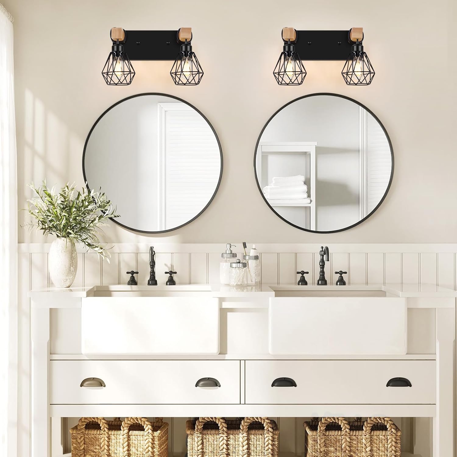 FadimiKoo 2-Light Rustic Style Wood Bathroom Wall Sconce, Farmhouse Vanity Lighting Fixture fopr Bathroom, Industrial Wood Wall Light Over Mirror with Metal Shade, Bulbs Not Included