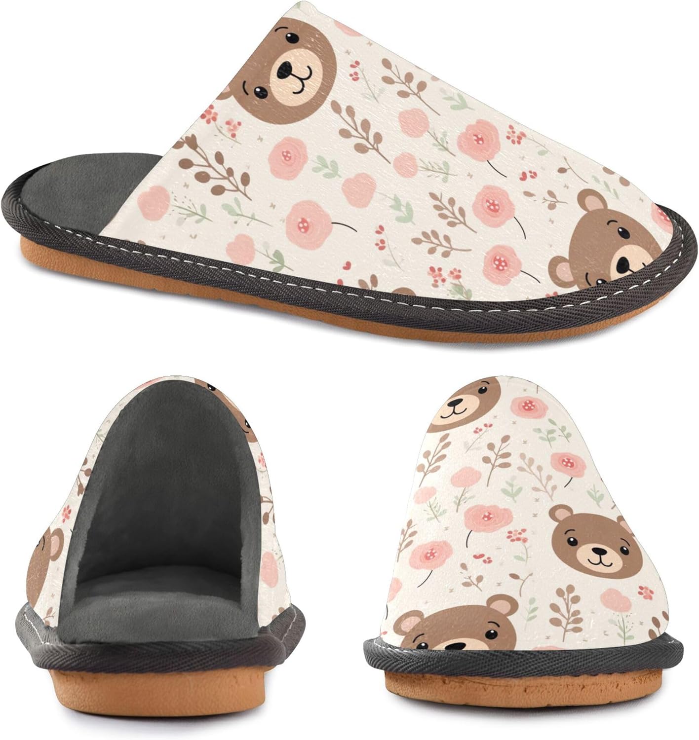 Cute Bear Flowers House Slippers – Cozy Fuzzy Slippers for Guests, Washable & Disposable, Perfect for Shoeless Home, Spa & Hotel Use A112967