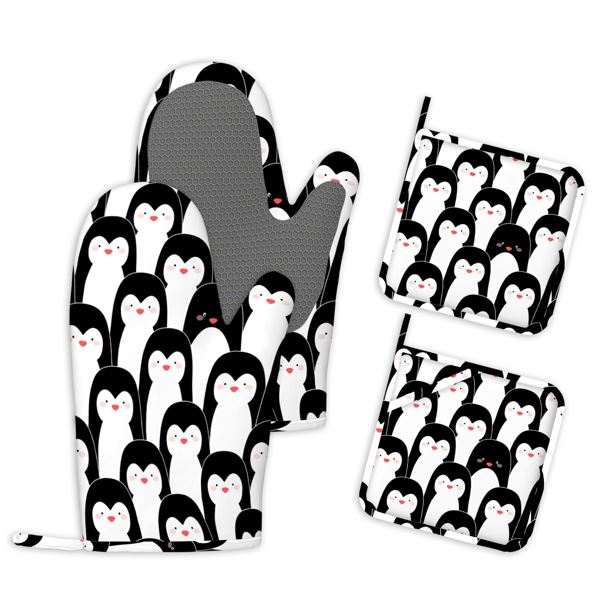 Pinguin Ofenhandschuhe und Topflappen 4er-Set Hitzebeständig Silikon Küchenhandschuhe Topfhandschuhe rutschfest Backofen Handschuhe Kochhandschuhe zum Kochen Grillen und Backen