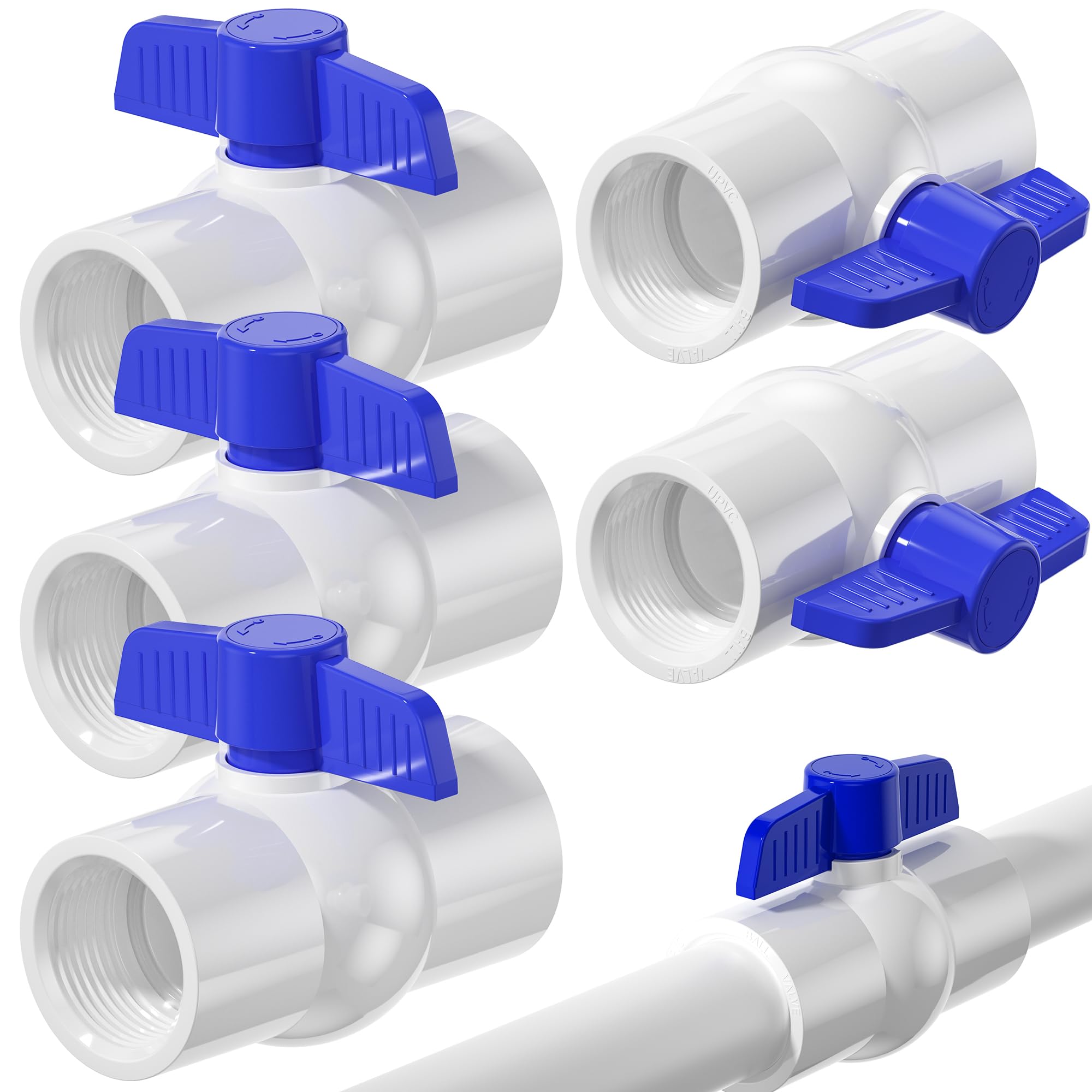 5PCS 1-1/2" PVC Ball Valve Threaded, PVC Water Pipe Valves with Easy Turn Blue T-Handle, Shut Off Valves Socket for Swimming Pool, Sprinkler Lines,