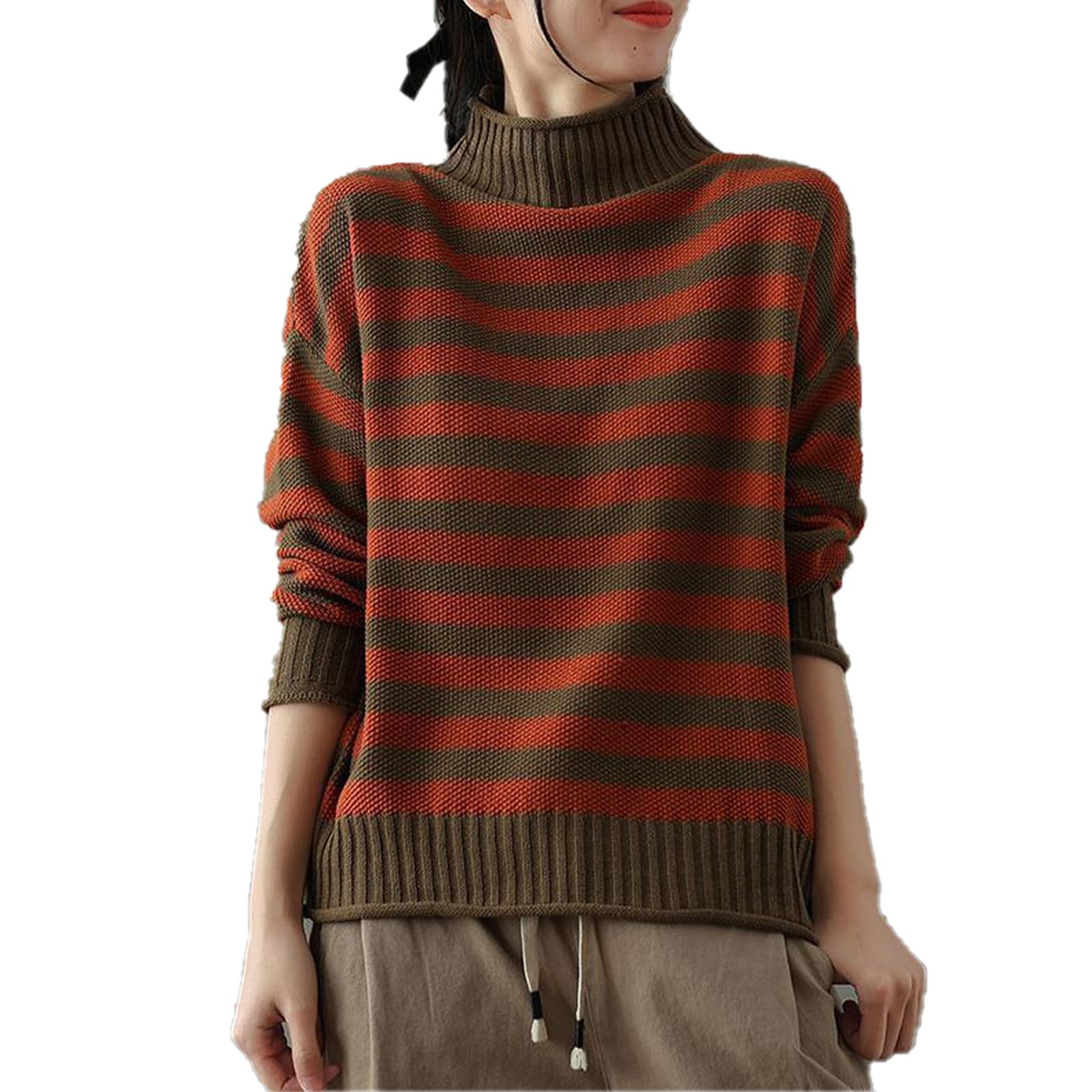Suéter de Medio Cuello Alto con Contraste de Rayas Retro para Mujer Suéter de Rayas Naranjas, Suéter de Cuello Alto de Rayas Mujeres, Suéteres causales Sueltos de Punto (L (55-60 kg),A)