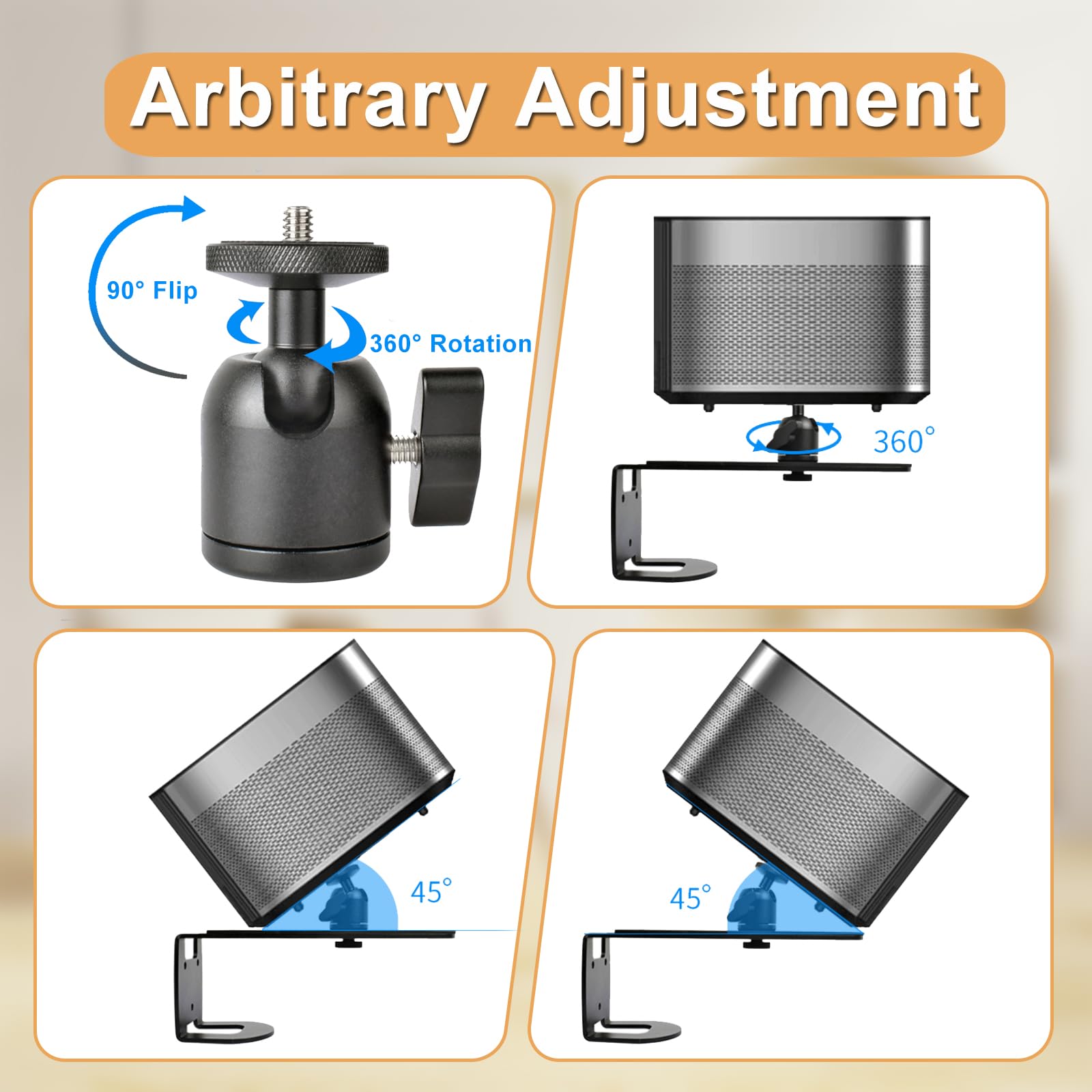 Support Videoprojecteur Ajustable, Support Projecteur Fixation Murale, Pied Videoprojecteur Rotation à 360°, Multifonctionnel SupportRetroprojecteur pour les Salons, les Chambres et les Bureaux