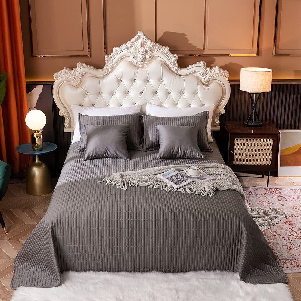 myAIMS 5pcs Bedspread Set Luxury 100% Cotton TC600 Fully Reversible Coverlet Comforter Premium Quality Bed Linen All Seasons Duvet Quilt matching Pillowcase & Cushions (Grey (S-King 270x240cm))