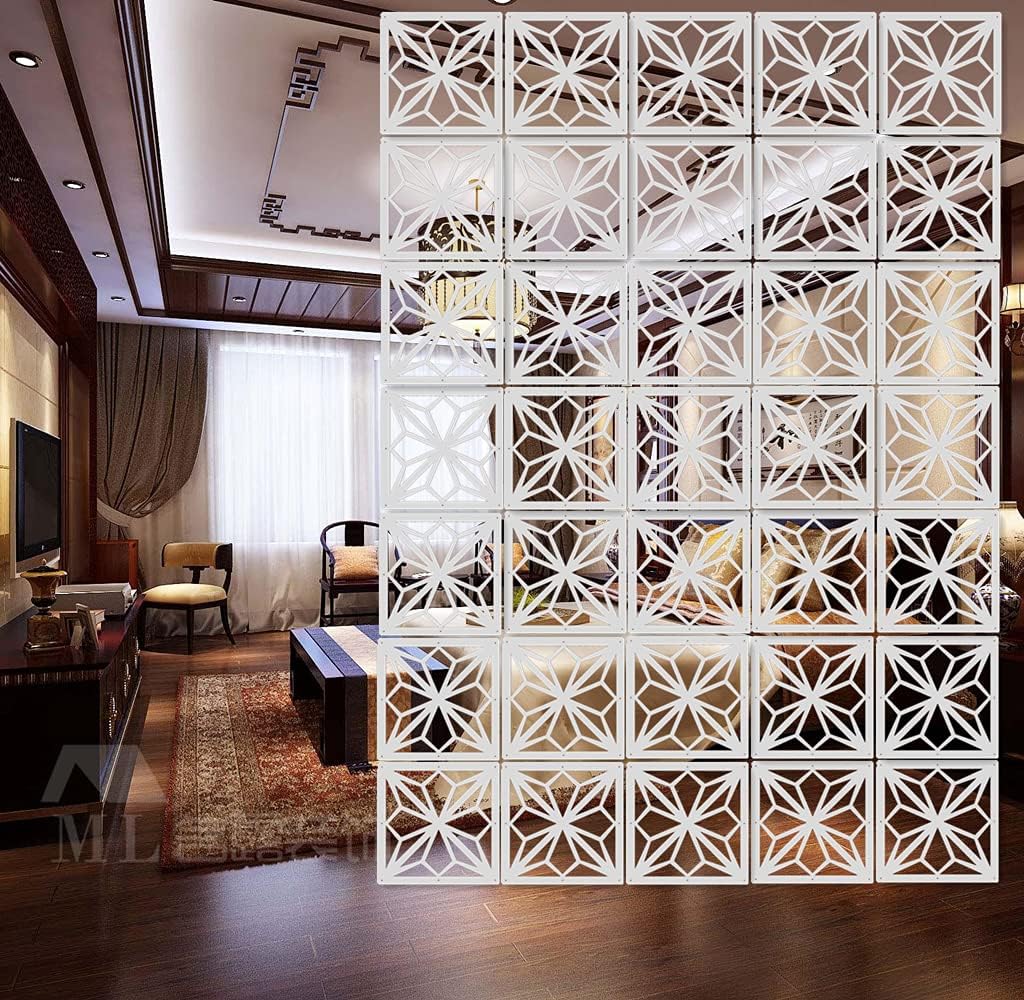 White Hanging Room Divider,12 Pieces Wood-Plastic DIY Panel Screens Partition Wall Dividers Room Decoration with All Accessories 11.4x11.4 Inch