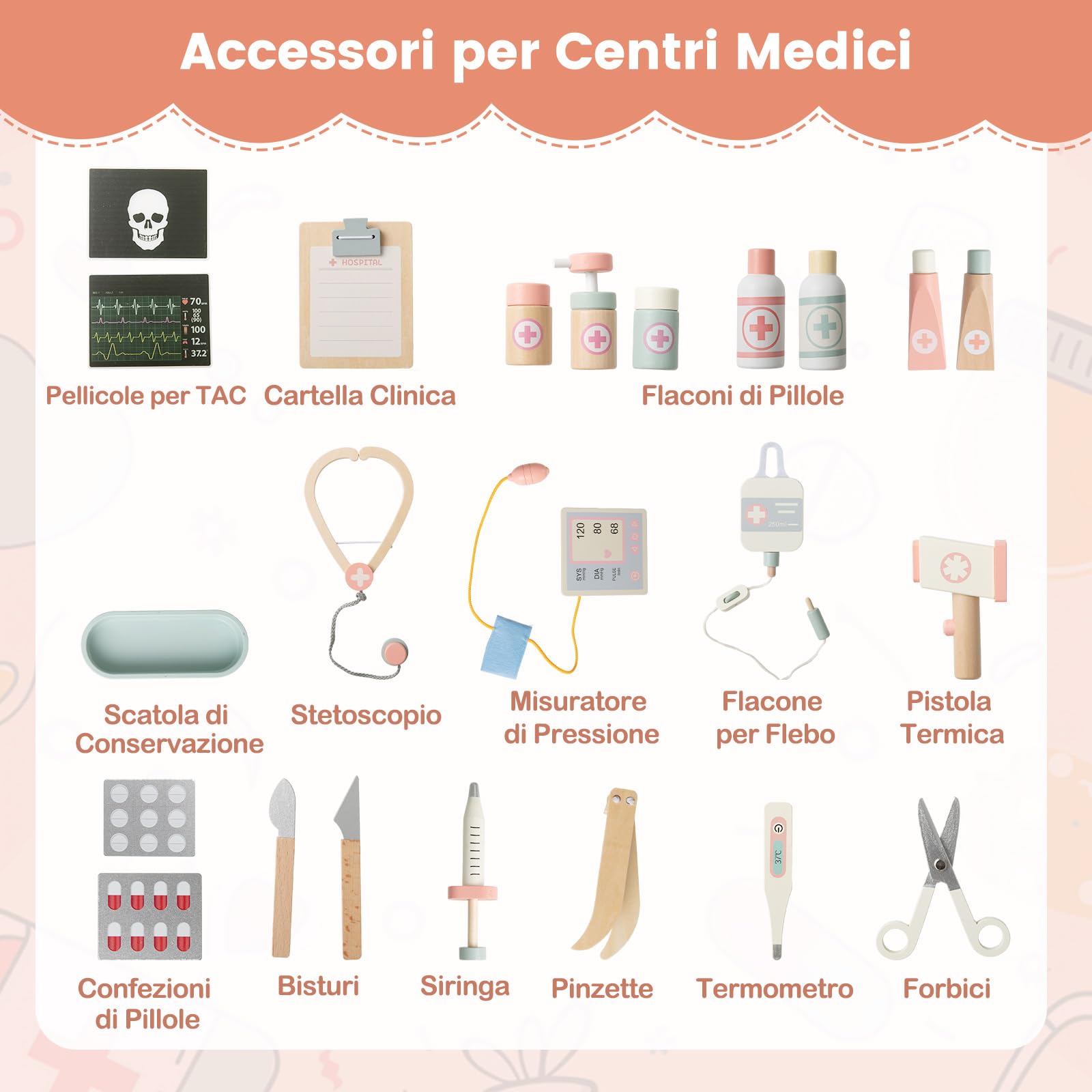COSTWAY Kit Medico Giocattolo, Centro Medico per Bambini in Legno con Carrello, Macchina TC, Stetoscopio e Accessori Completi, Set Dottoressa Gioco Educativo, Regalo per Bambini 3+ Anni
