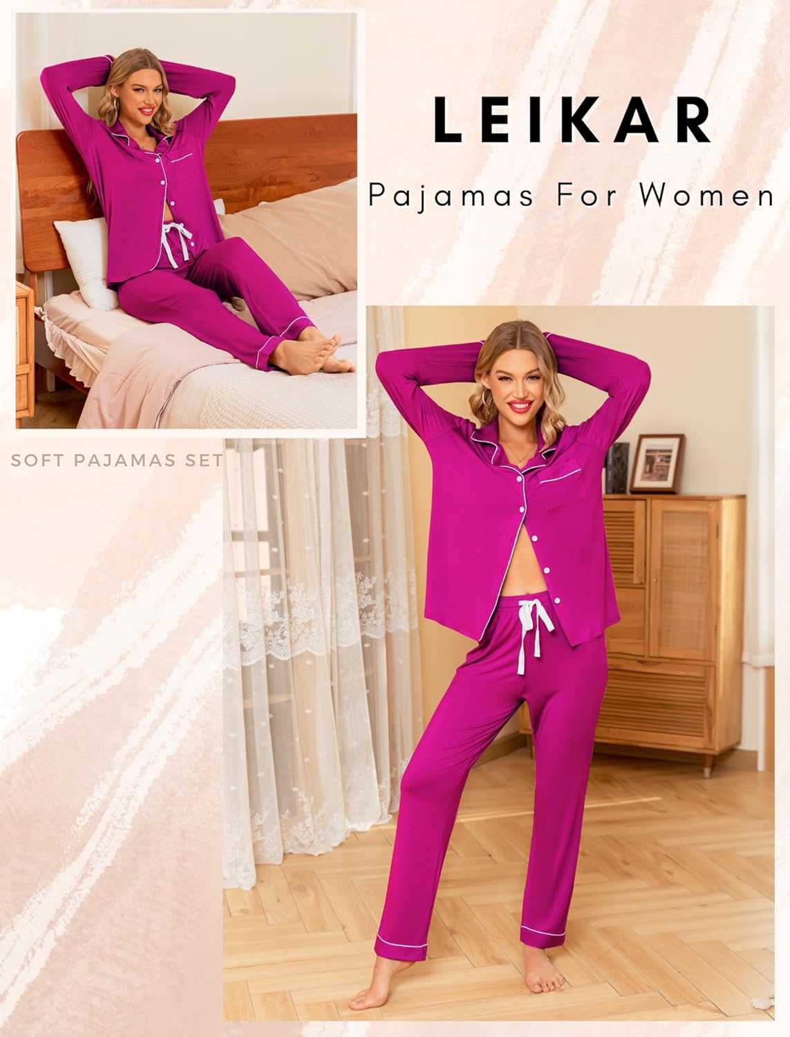 Leikar Button Up Pajama Set For Women Long Sleeve Shirt And Pajama Pants Soft Pjs Lounge Sets - Image 3