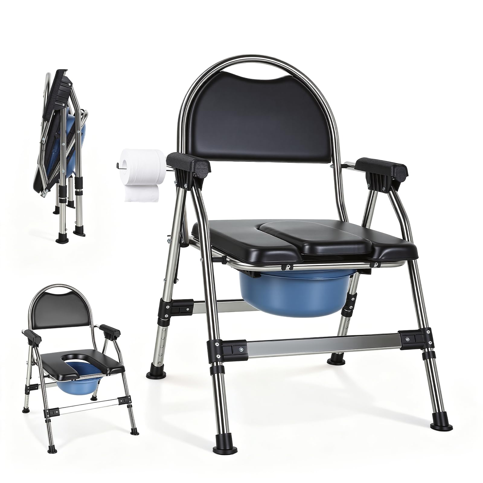 Silla WC Personas Mayores, Silla Inodoro Ancianos 3 en 1 con 5 Alturas Ajustables, Asiento Suave, Cubo extraible, Estructura Robusta, Silla Orinal para Personas Mayores Discapacitadas, Hasta 200 kg