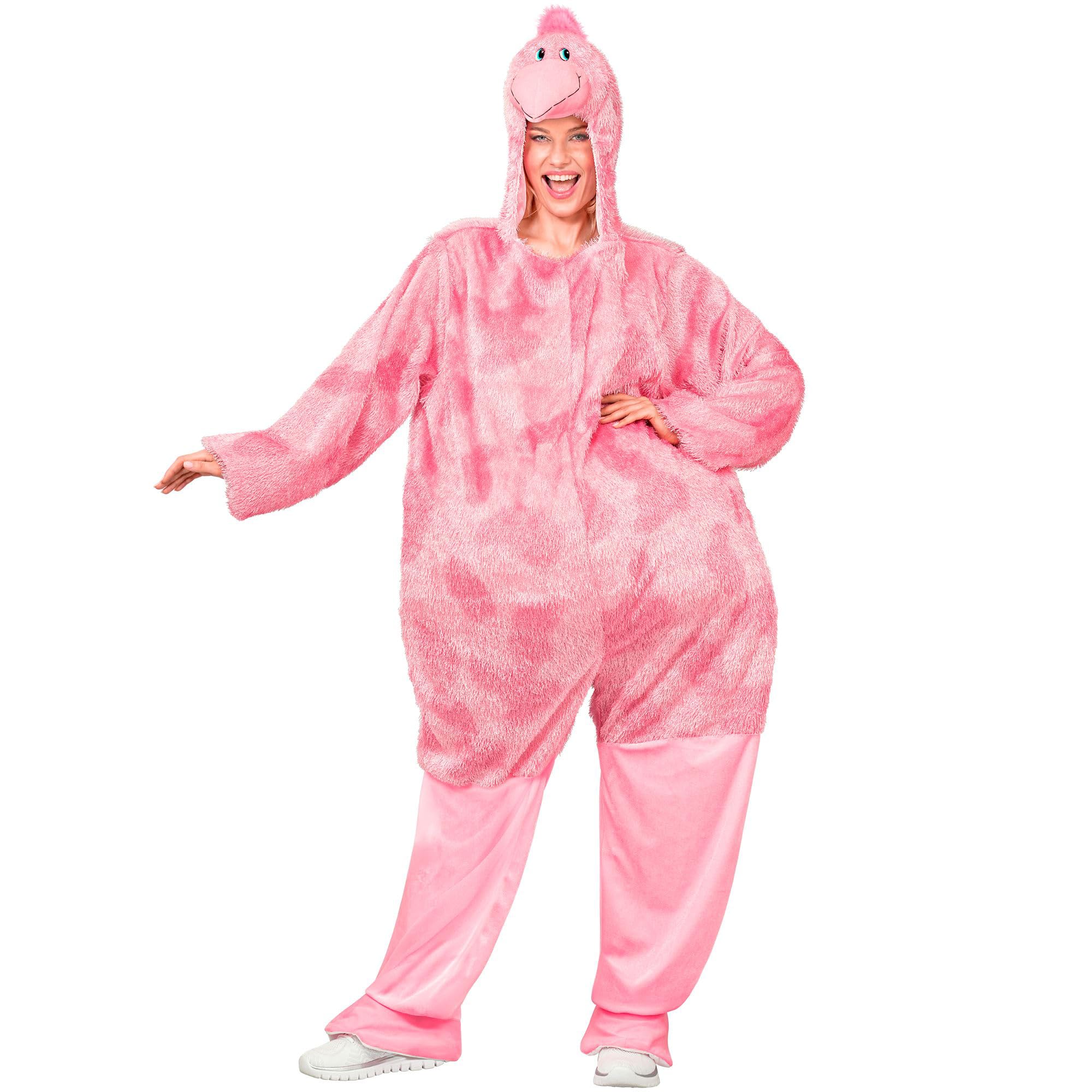 W WIDMANN MILANO Party Fashion - Funny Flamingo Kostüm Erwachsene | Overall mit Kapuze und Flamingo-Kopf für Damen und Herren, Plüschkostüm für Karneval, Mottopartys