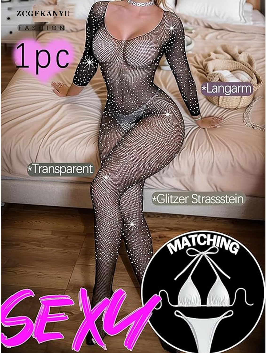 Women's Fishnet Bodystocking Lingerie Set Sexy Mesh Sparkle Rhinestone Cut Out Romper