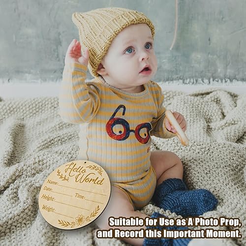 Miniatura 6 de Letrero de anuncio de bebé, 5.9 pulgadas, de doble cara, de madera, con texto en inglés "Hello World", letrero de anuncio de nacimiento de bebé,