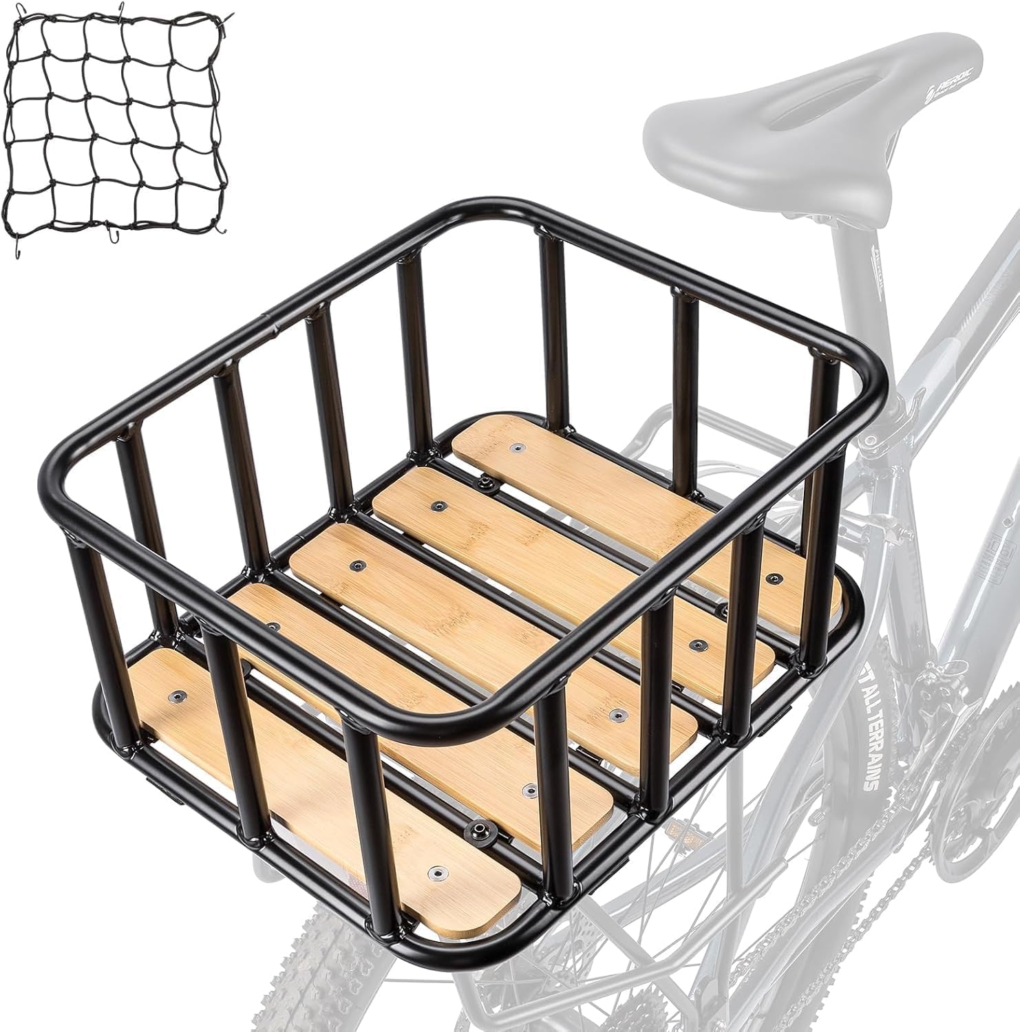CXWXC Fahrradkorb Hinten – Großer Gepäckträger-Korb mit Holz-Boden, wasserdichter Abdeckung & Cargo-Netz, hohe Tragfähigkeit