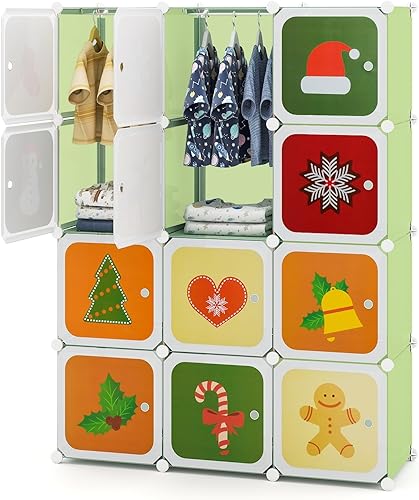 Miniatura 10 de Costzon Armario para niños, organizador modular de almacenamiento de tocador de dibujos animados con 12 cubos y 2 estantes para colgar ropa, armario