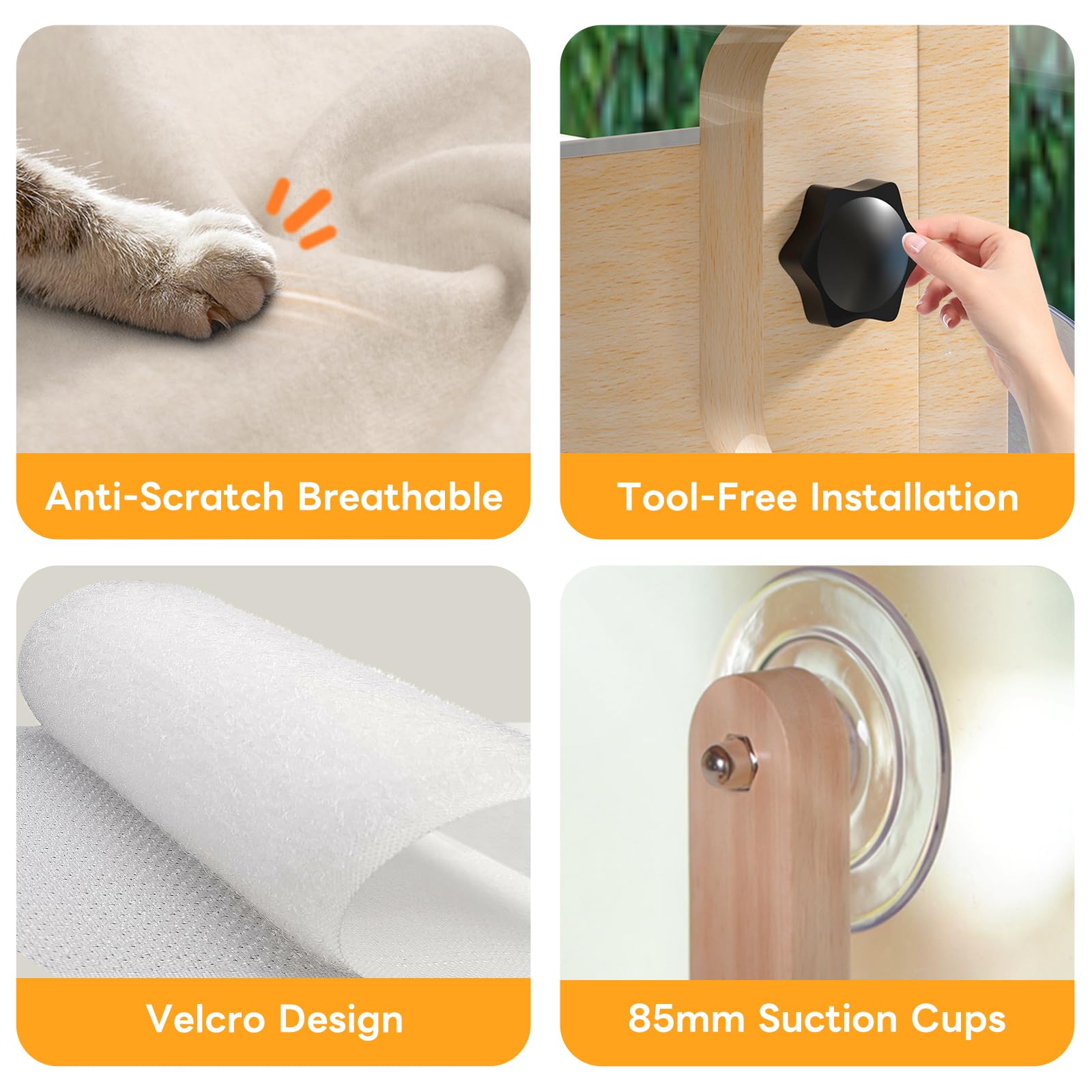 Foldable Cat Window Bed, Solidwood Cat Window Perch with Suction Cups, Heavy Duty Cordless Hammock Seat for Indoor Cats (Large Size) - image 3