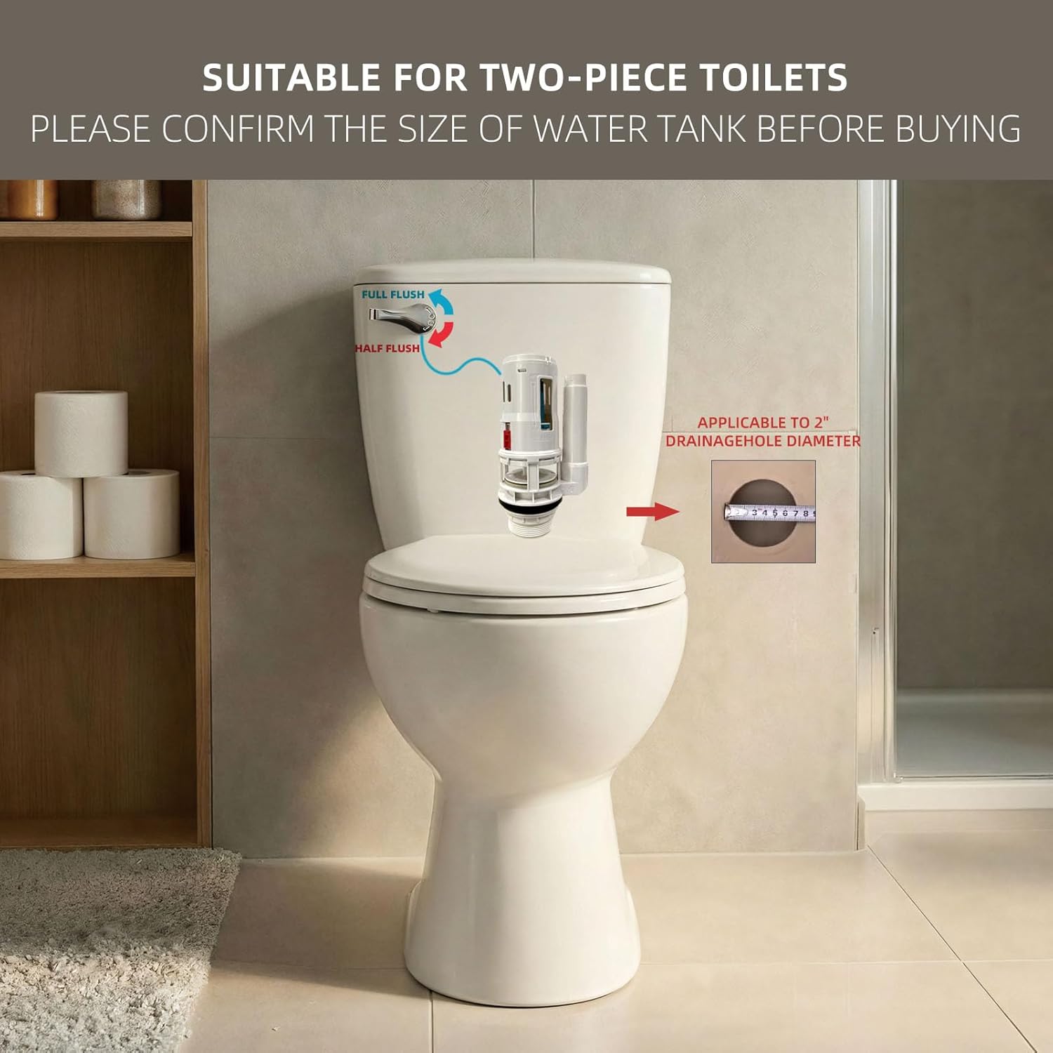 Dual Flush Toilet Tank Kit for 2-Inch Two-Piece Toilets, Adjustable Fill Valve & Overflow Tube, ABS Material with 2 Thicknesses of Bungs, Compatible with Front/Side-Loading Flush Valves