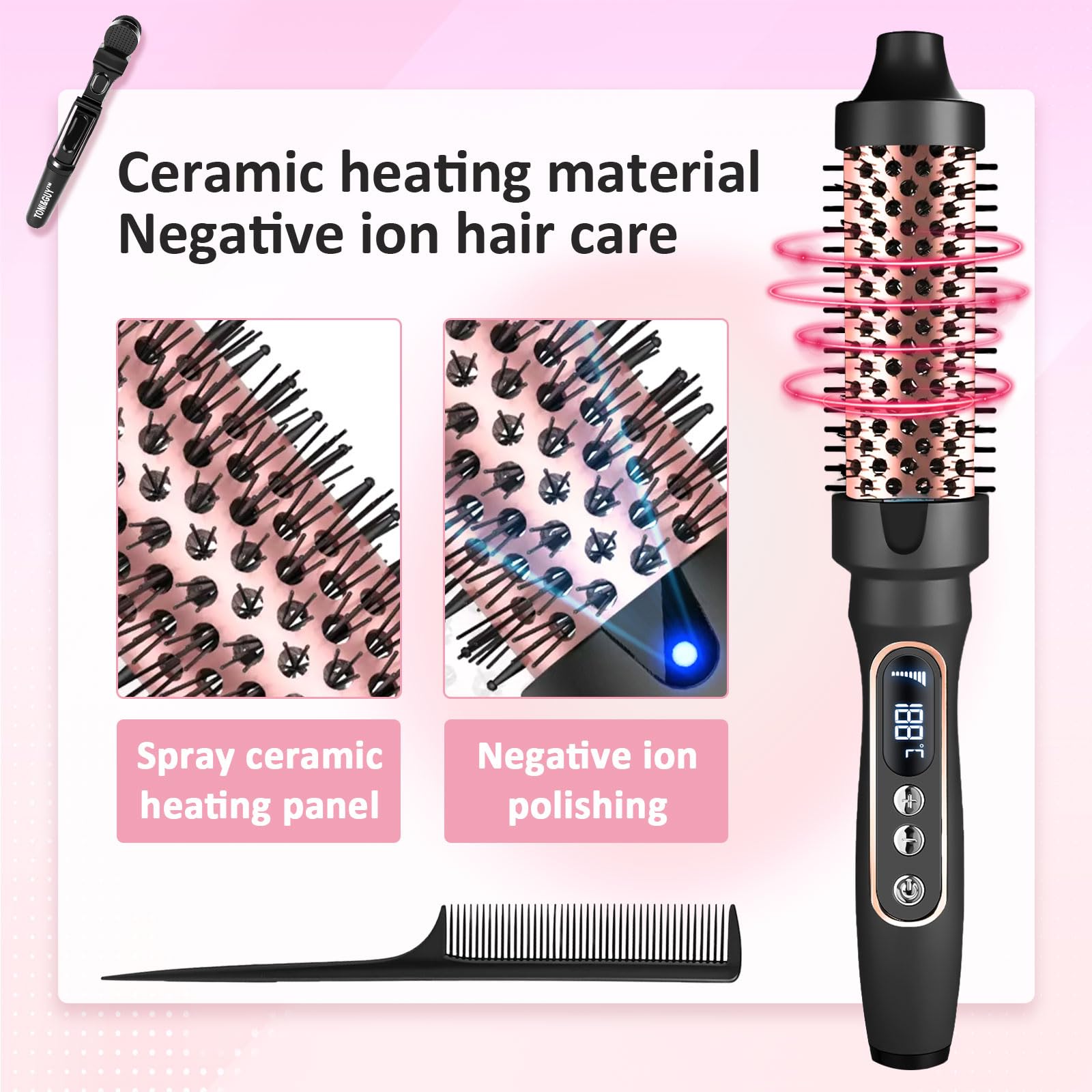 3 in 1 Thermal Brush, 38 mm Brosse Chauffante Céramique, LCD 100-210 °C,Lissage, Boucles Souples, Volume, Design Ionique Anti-Frisottis,5 Réglages de Température,Chauffage Rapide (Noir)