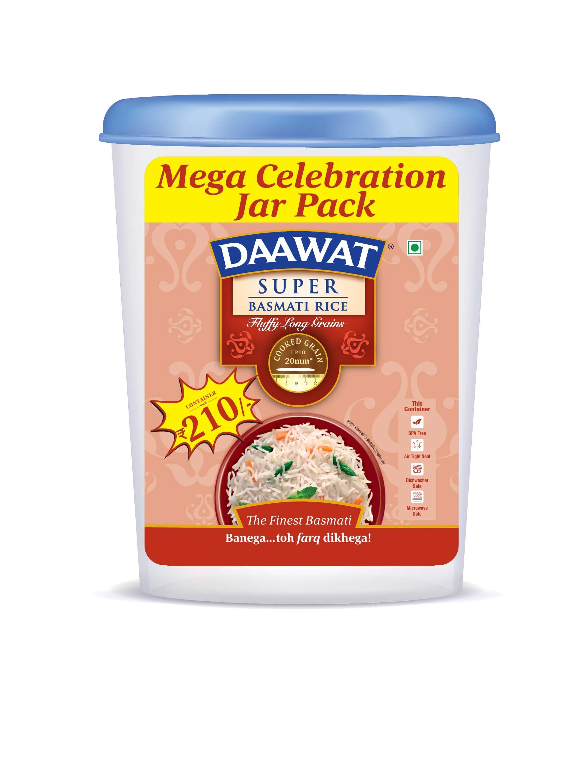 Daawat Super Basmati Rice 2Kg Jar| Fluffy Long Grains| Cooked Upto 20mm* (B0CJP2SDCJ) Amazon Price History, Amazon Price Tracker