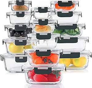 30 Pieces Glass Food Storage Containers Set, Glass Meal Prep Containers Set with Snap Locking Lids, Airtight Glass lunch Containers, BPA-Free, Microwave, Oven, Freezer &amp; Dishwasher Friendly,Gray