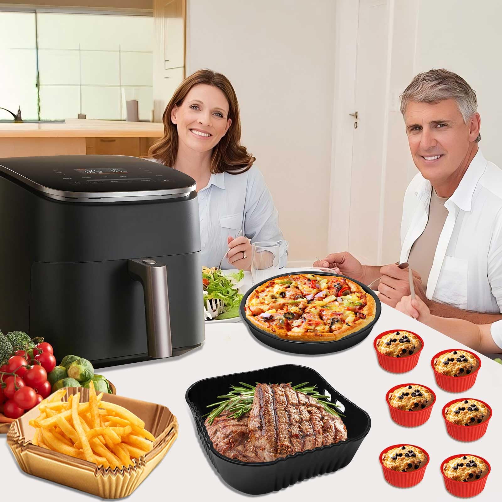 YINGRACE Akcesoria do frytkownicy na gorące powietrze, 23 cm, XXL do Russell Hobbs 8 l, mogą być używane w dwóch warstwach, 4 szt. akcesoria Airfryer z patelnią do pizzy, forma do muffinek, papier do