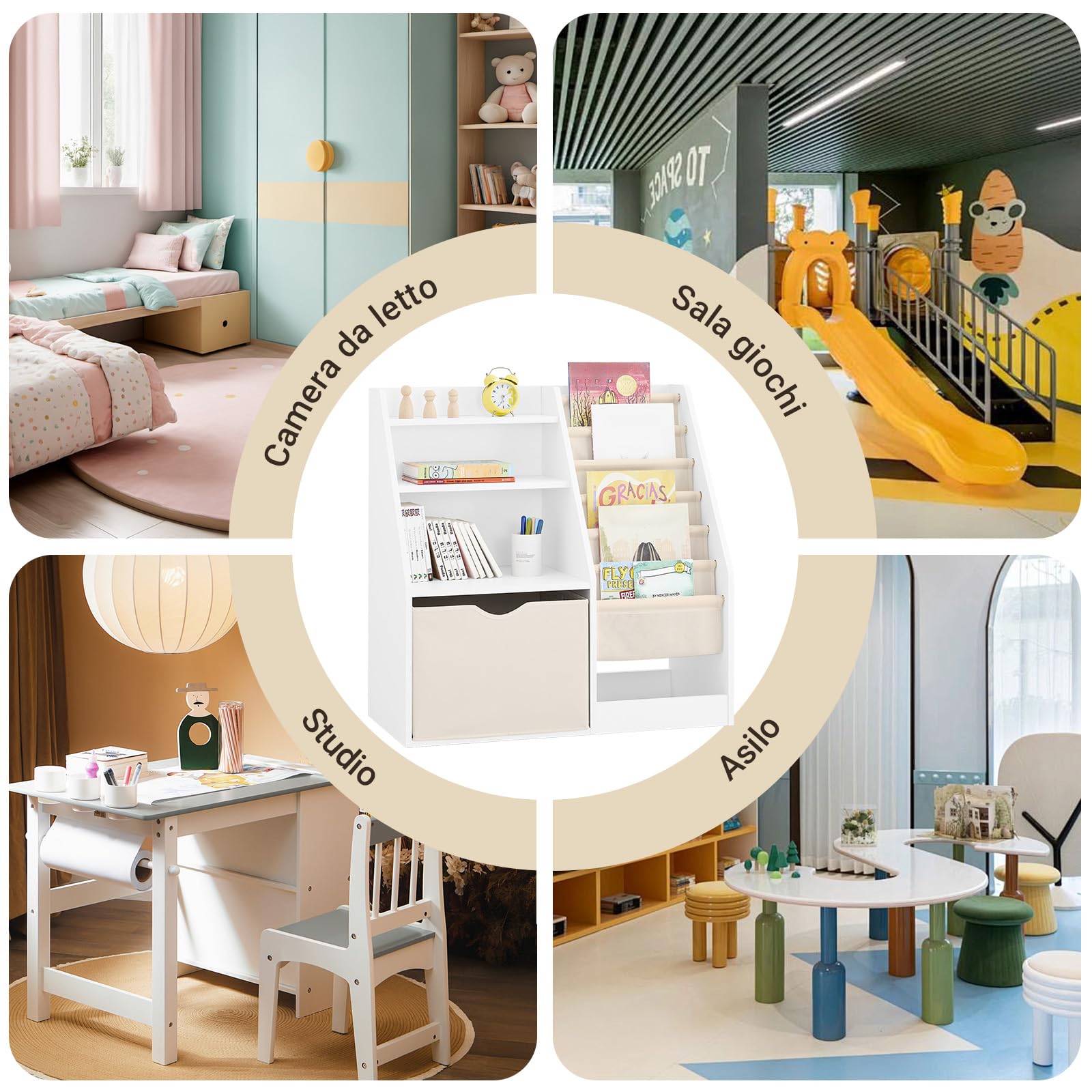 SoBuy Libreria Montessoriana per Bambini con 6 Tasche in Tessuto 80x40x80cm