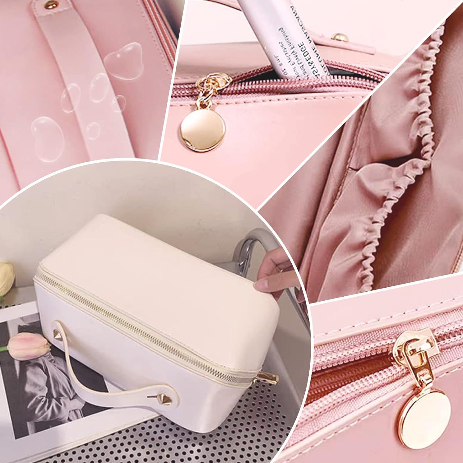 TAMQUSAK Travel Makeup Bag,Large Capacity Cosmetic Bags for Women,PU Leather Waterproof Portable Pouch Open Flat Toiletry Bag Make up Organizer with Divider and Handle(White Makeup Bag) 4
