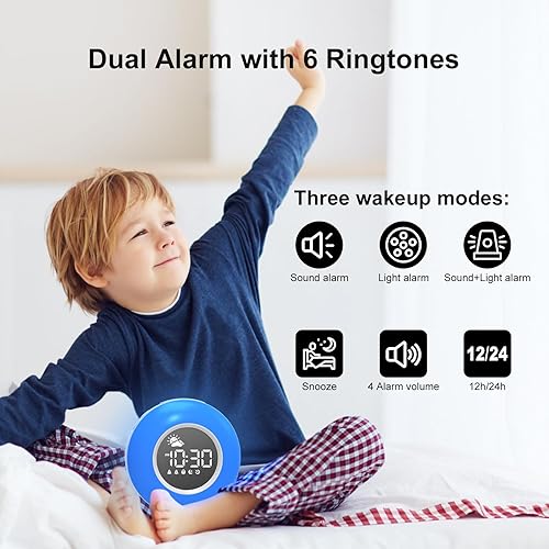 Miniatura 5 de Reloj despertador infantil para dormitorios, reloj de entrenamiento para dormir con luz nocturna, máquina de sonido, alarma doble, reloj de