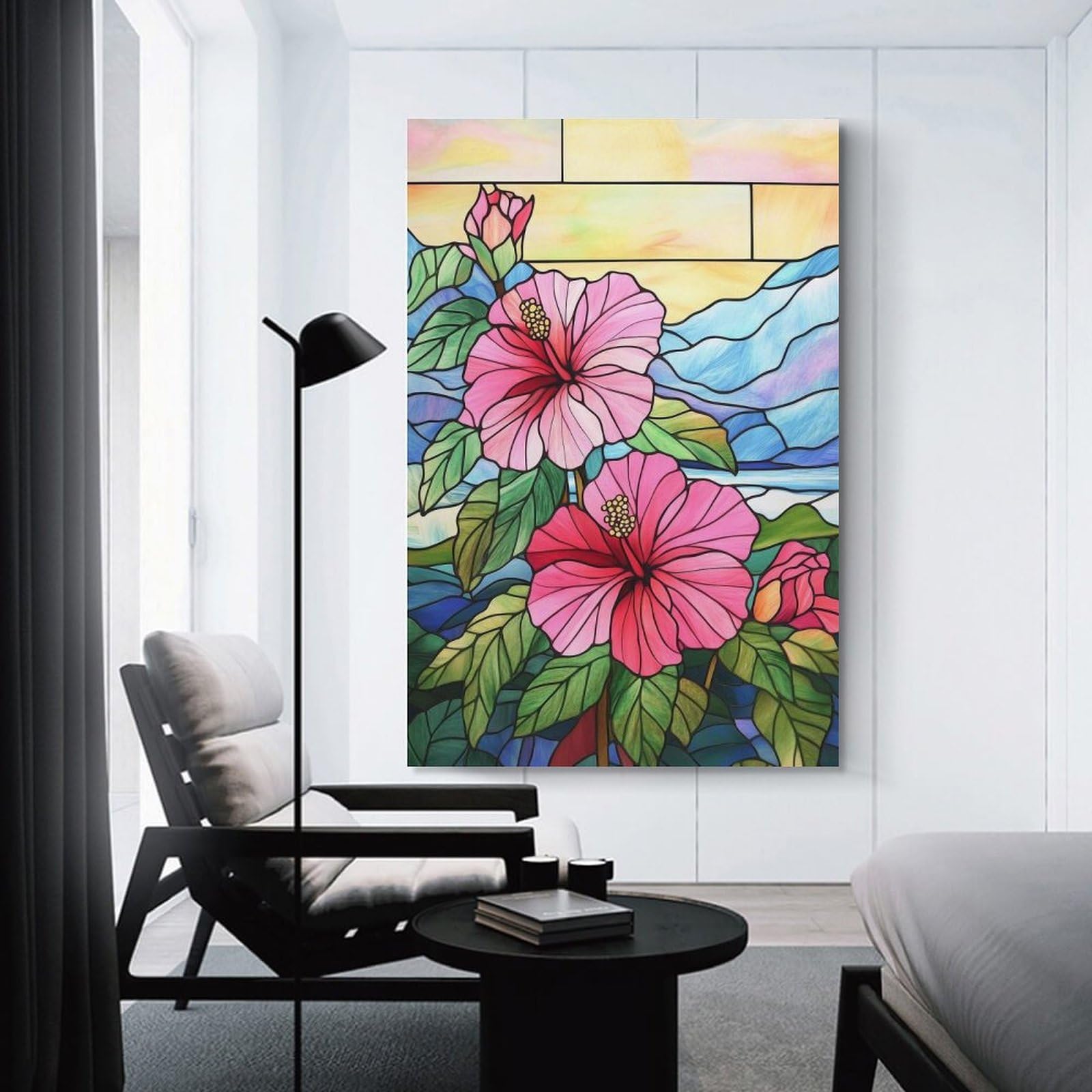 Junmoney Room Decor Wall Art Stained Glass Hibiscus, 24x36inch(60x90cm), for Flats, Guest Rooms Or Compact Rooms, Wall Decor with Flexible Room Appeal