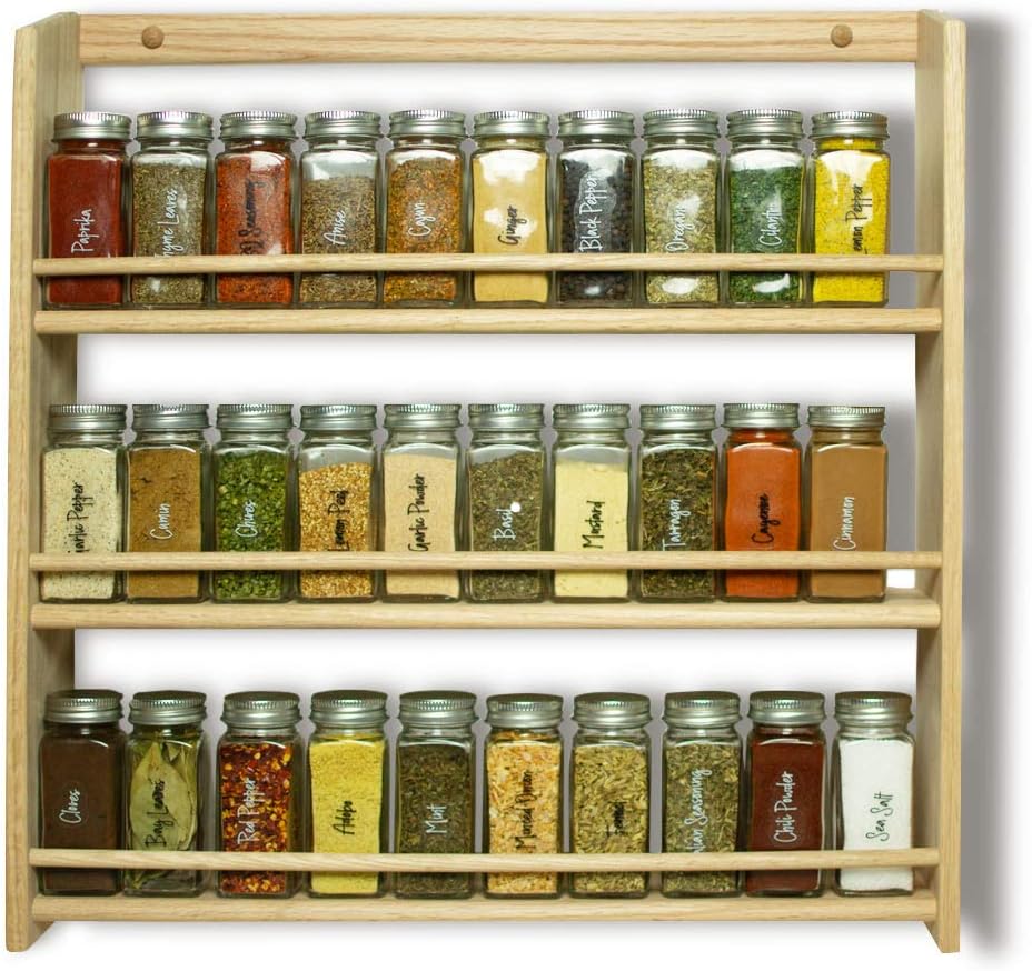 EMS Solid OAK Wood Spice Rack Organizer, 3 Tier Wall Mounted - Seasoning Storage for Pantry and Kitchen - Natural Finish (20.5"H x 20"W x 4.75"D)