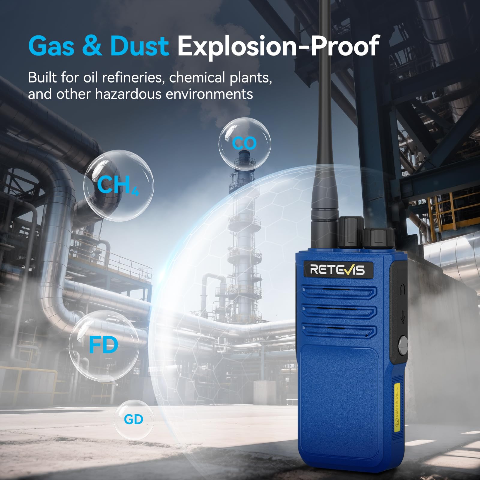 Retevis MateTalk E1 Explosionsgeschützter Walkie Talkie, IP68 Funkgerät | 2-Weg-Funk mit Notfallalarm, Unterstützt DMR- und NXDN-Digital Modi, 2450mAh, für Raffinerien (Blau, 1 Stück)
