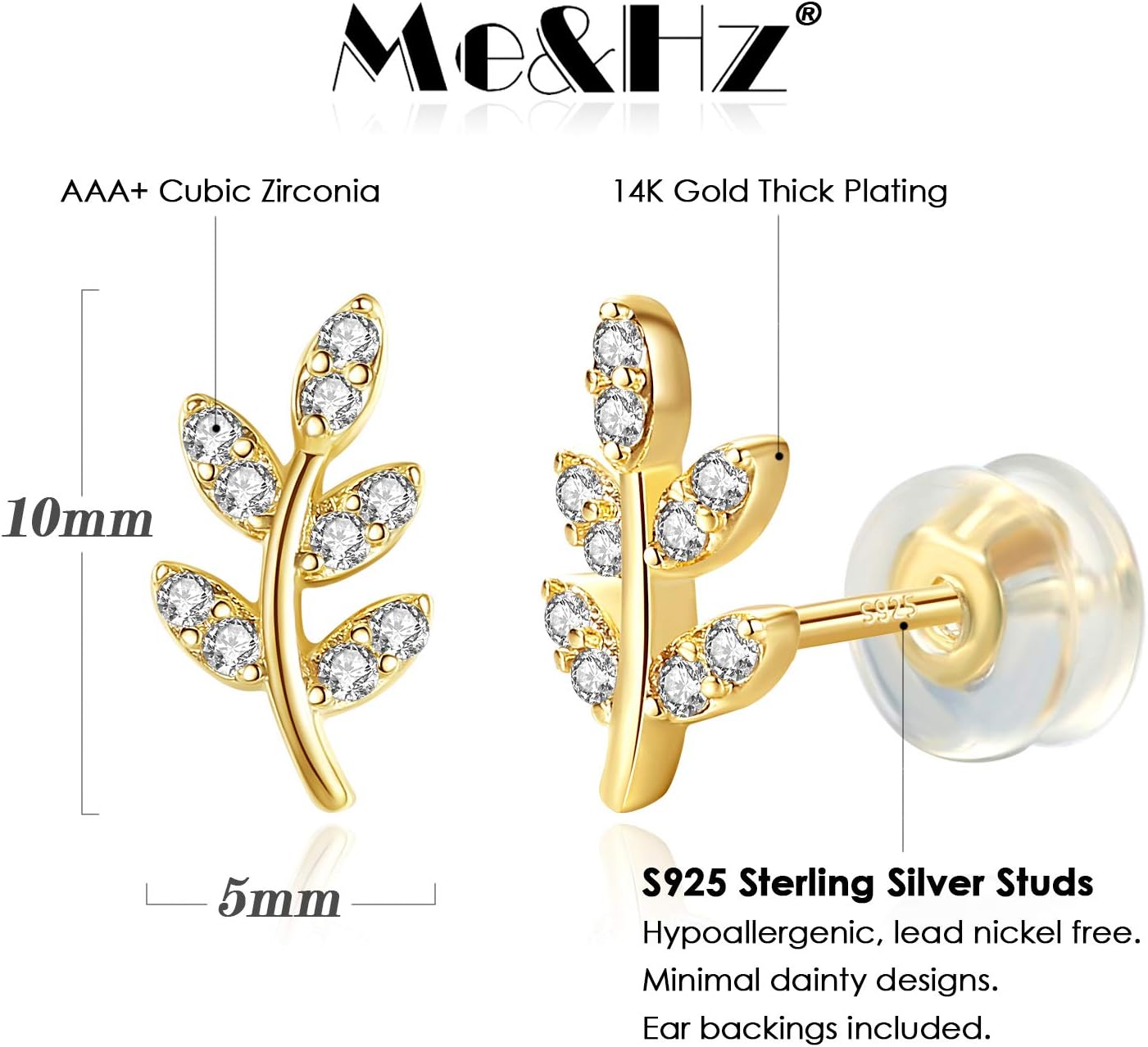 Me&Hz 14K Gold Plated Stud Earrings for Women Cute CZ Heart Lightning Blot Leaf Small Gold Stud Earrings Cartilage Earring Birthday Halloween Christmas Gift - Image 2