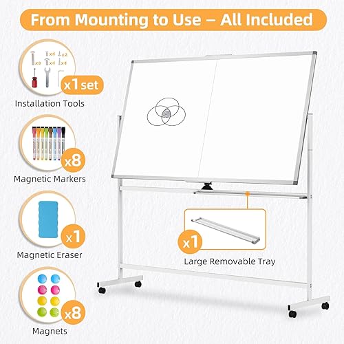 Miniatura 5 de WALGLASS Pizarra blanca rodante de borrado en seco, 48 x 36 pulgadas, pizarra blanca de doble cara sobre ruedas, pizarra blanca portátil grande