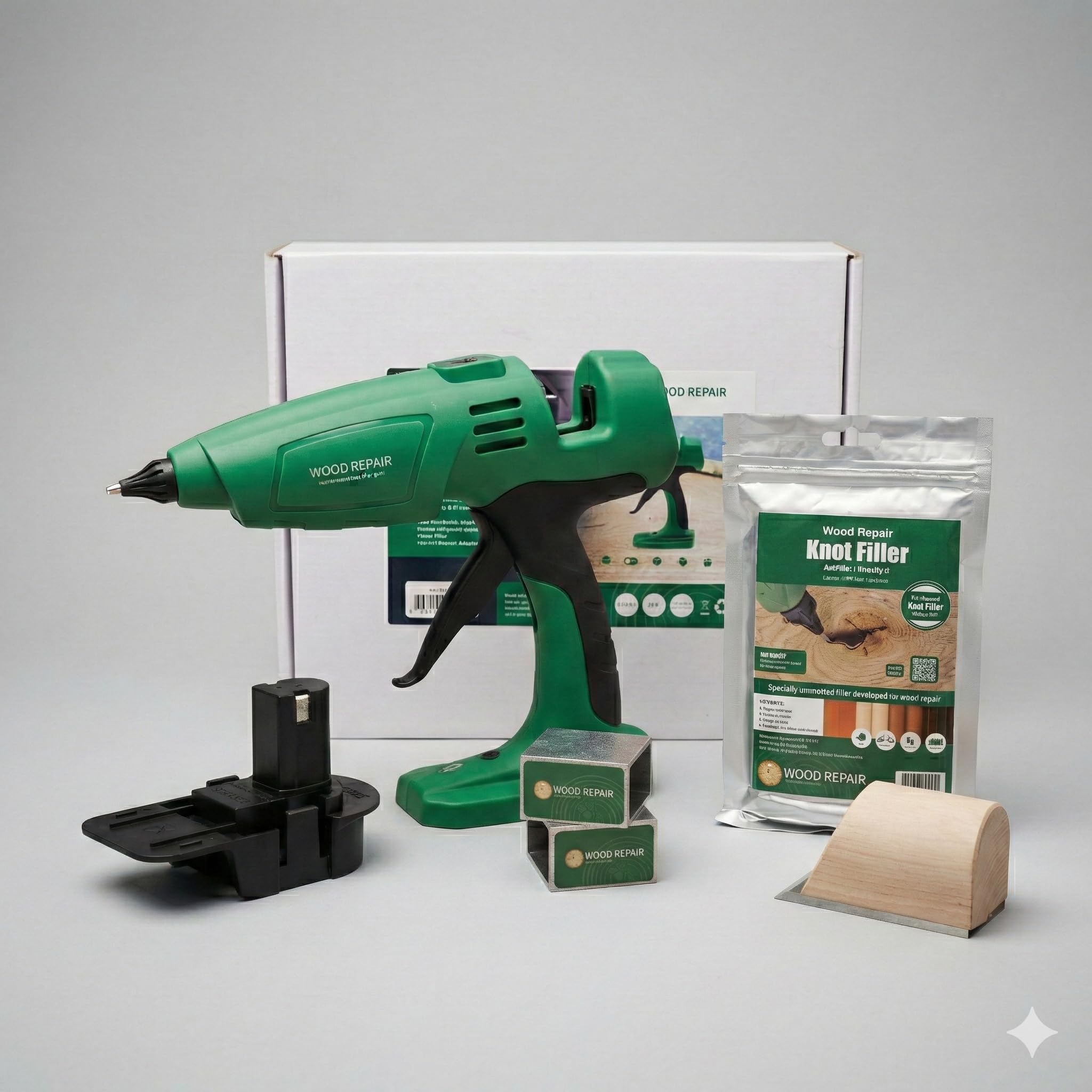 WoodRepair BCD 540 Öko profesjonalny zestaw akumulatorowy, profesjonalny pistolet do wypełniania gałęzi, adapter akumulatorowy Makita, regulowana temperatura, kompaktowa mieszanka worków, strug ręczny