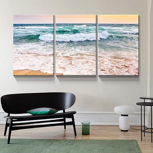 Miniatura 21 de Denozer - Lienzo decorativo de 3 paneles para decoración del hogar, mar azul, puesta de sol, blanco, playa, pintura, impresión sobre lienzo, paisaje