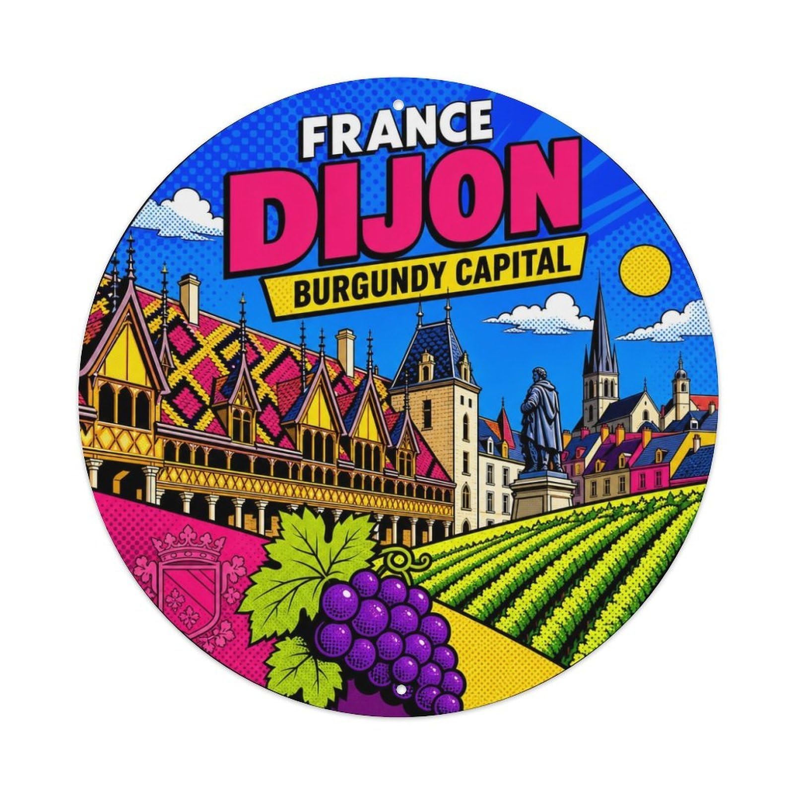 Vintage Pop Art Travel France Dijon Vineyard Metal Tin Sign Plaque Wall Decor for Cafe, Man Cave, Club Bar, Office, Home Garden Round Metal Poster 8x8Inch
